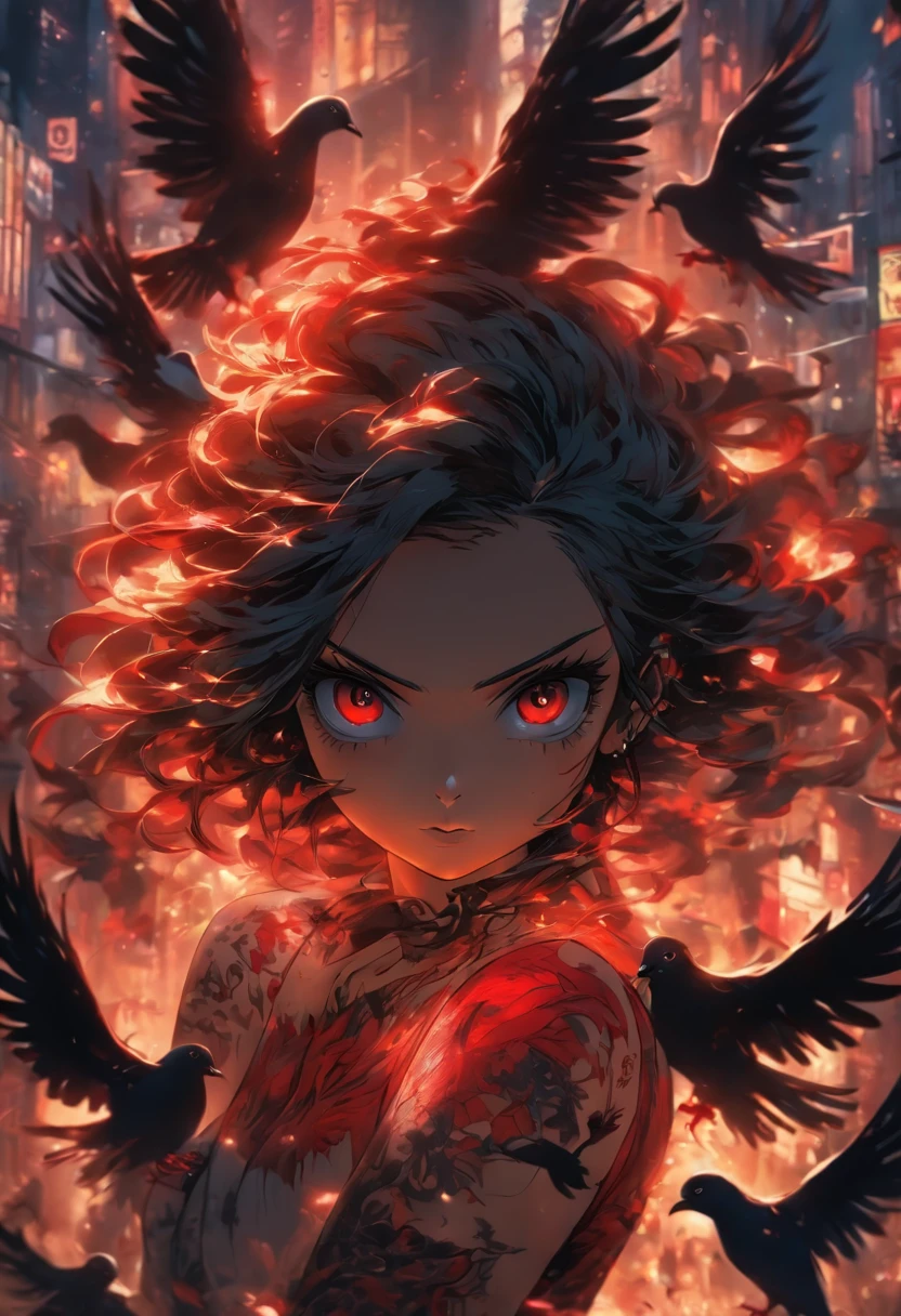 A girl with wings and red tattoos, Dark black and light black style, Anime art, 32k ULTRAHD, Gothic grotesque characters, multilayered dimensions, Hester core, Pigeons can
