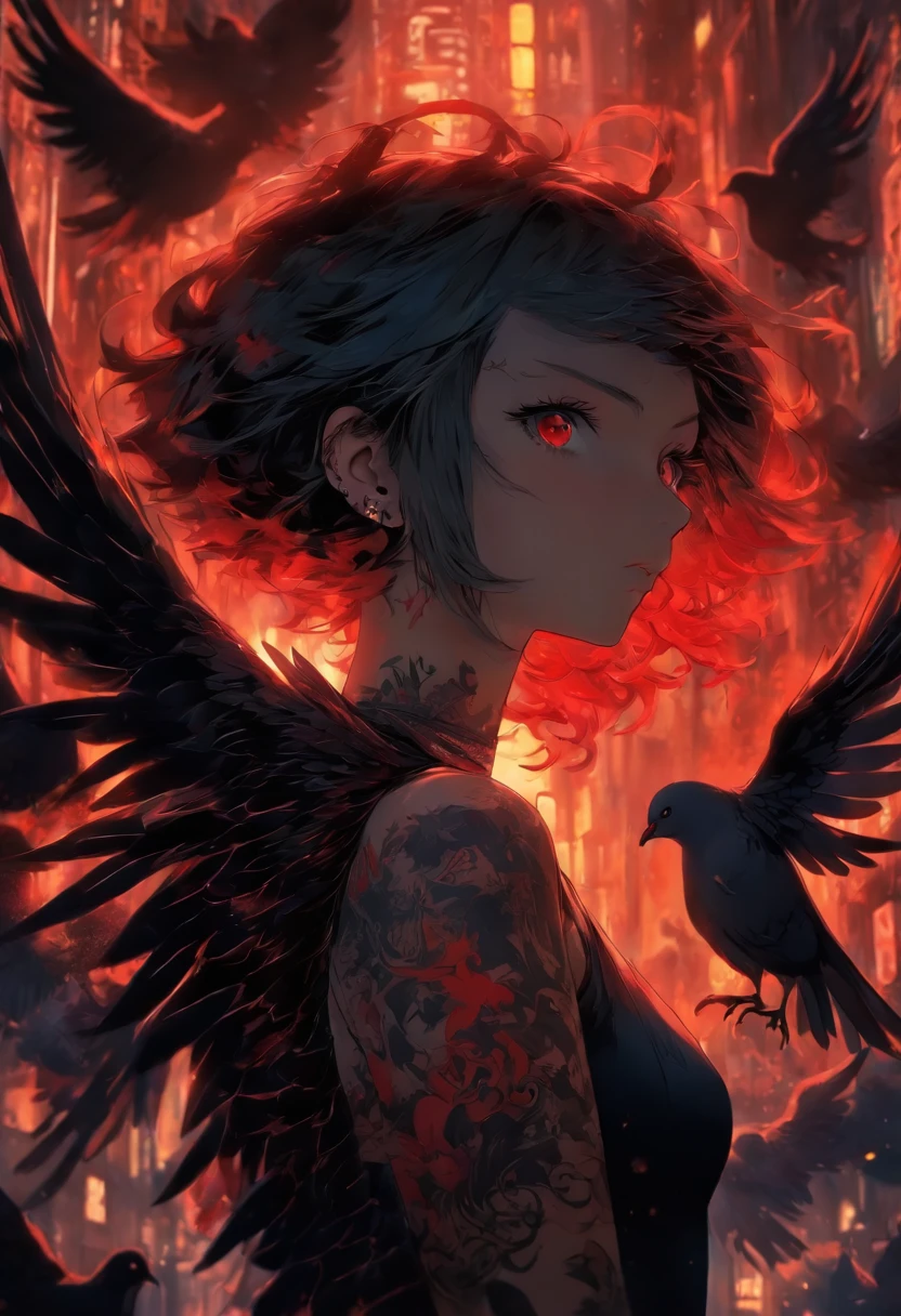 A girl with wings and red tattoos, Dark black and light black style, Anime art, 32k ULTRAHD, Gothic grotesque characters, multilayered dimensions, Hester core, Pigeons can