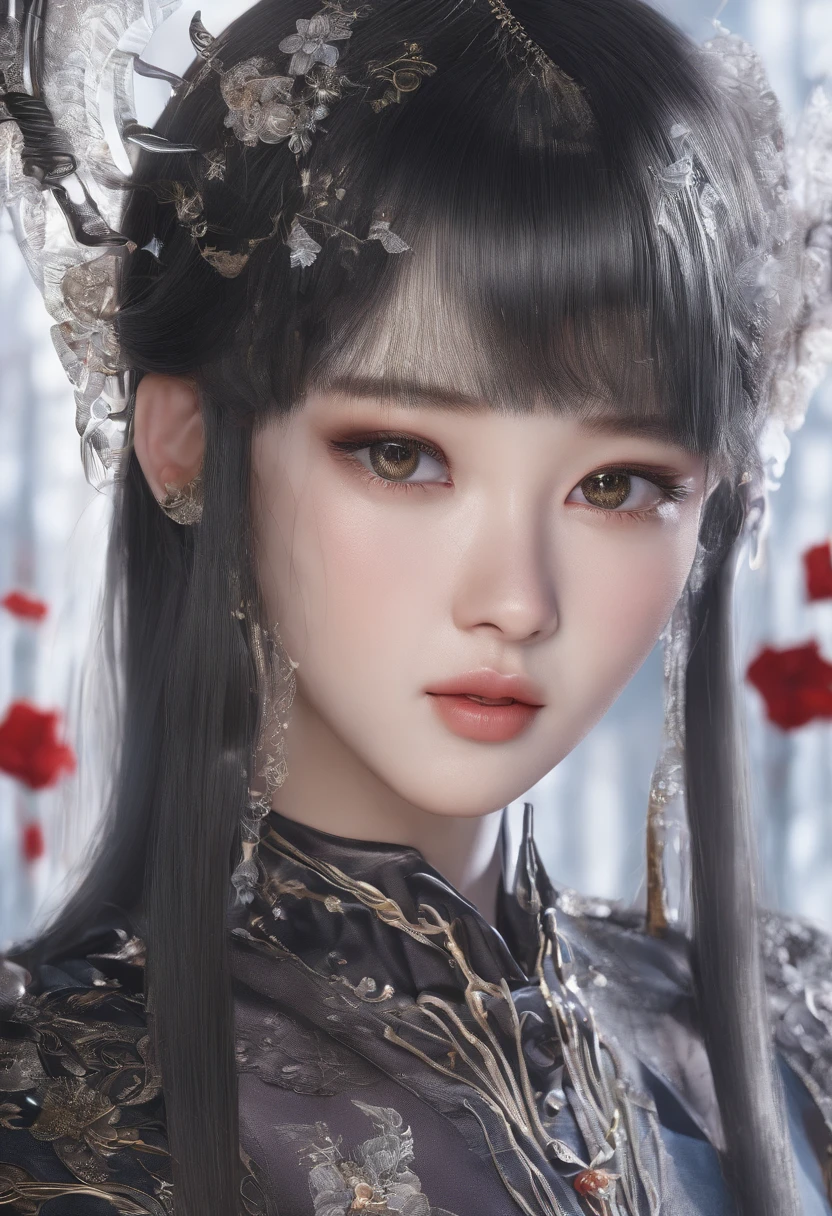 quality(8k wallpaper of extremely detailed CG unit, ​masterpiece, hight resolution, top-quality, top-quality real texture skin,hyper realisitic, digitial painting,increase the resolution,RAW photos，best qualtiy,highly detailed,the wallpaper),BREAK,8K, Chibi , onmyoji-style art, half face, HDR 10, beautiful girl, detailed eyes, detailed lips, very long hair, black hair, ultra detailed texture, water drops, outdoors, game of thrones, black heavy dress, (high detailed black dress:1.5), lace, loops, soft lighting, sitting,
