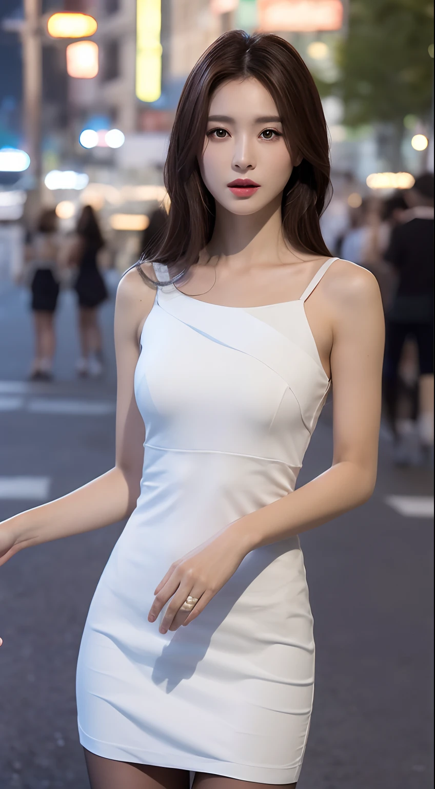 ((Realistic lighting, Best quality, 8K, Masterpiece: 1.3)), Clear focus: 1.2, 1girl, Perfect body beauty: 1.4, Slim abs: 1.1, ((dark brown hair)), (White dress: 1.4), (Outdoor, night: 1.1), City Street, Super Fine Face, Fine Eyes, Double Eyelids, (Over the knee black stockings: 1.5)