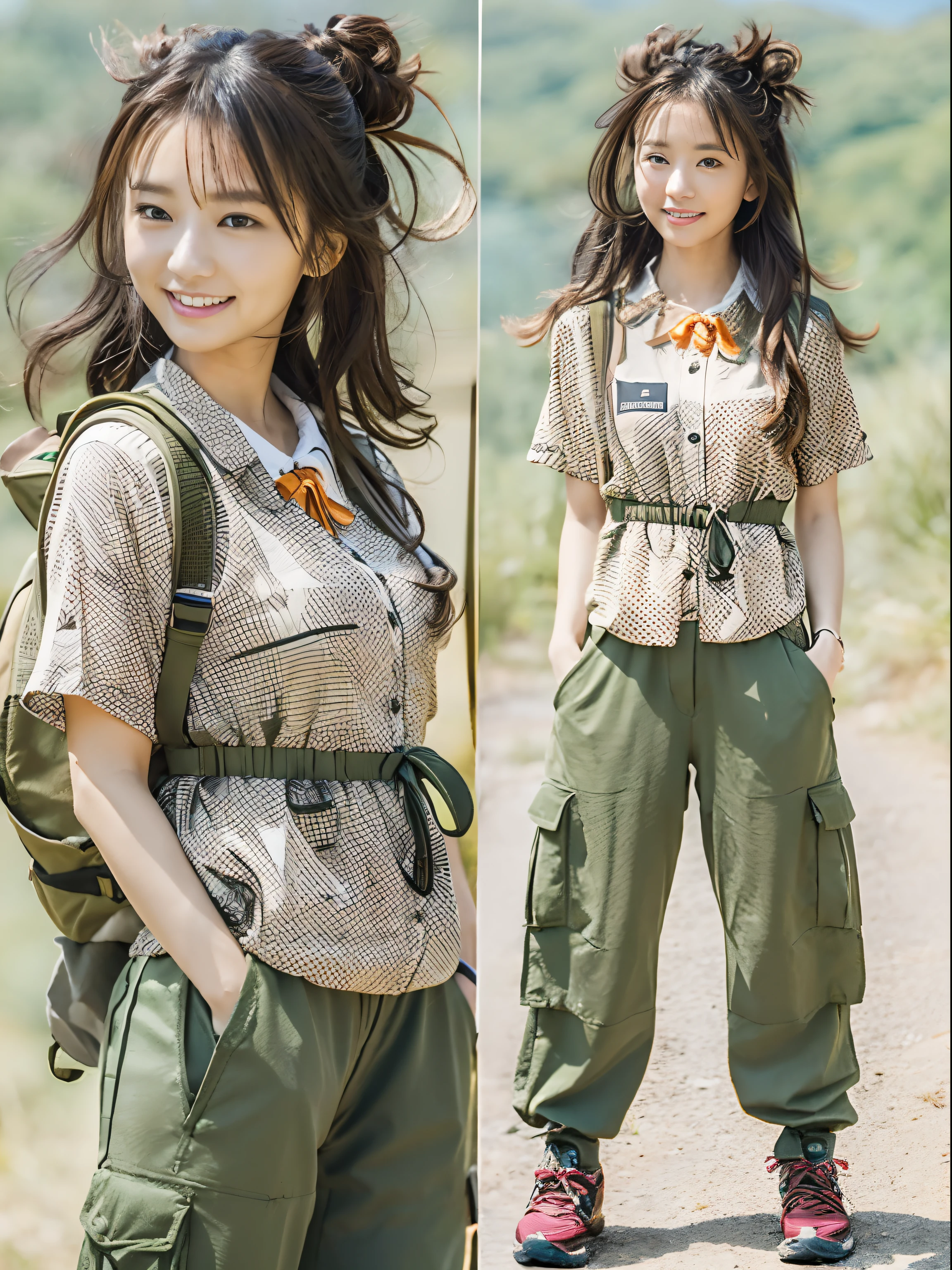 Single-person tent:1.37, (​masterpiece、top-quality、8k wallpaper、hight resolution、hyperrealistic scenery, Photorealsitic:1.37)、1girl in、独奏、18year old、Dainty Japan Woman,Looking at Viewer, Standing, open arms, Lifelike face、luslous skin、The angle is a bit far, Slender body type:1.1、Black eye、(Hiking pants, Please wear a collared shirt loosely、Keep the hem of your shirt on the outside of your pants:1.37)、Carrying a backpack:1.2、Mountain girl style、I like mountain climbing, mountaineer, Beautiful sunset on background、Trekking Shoes、A detailed face、A detailed eye、Detailed nose、Detailed mouth、Happy smile、Orange Rising Sun