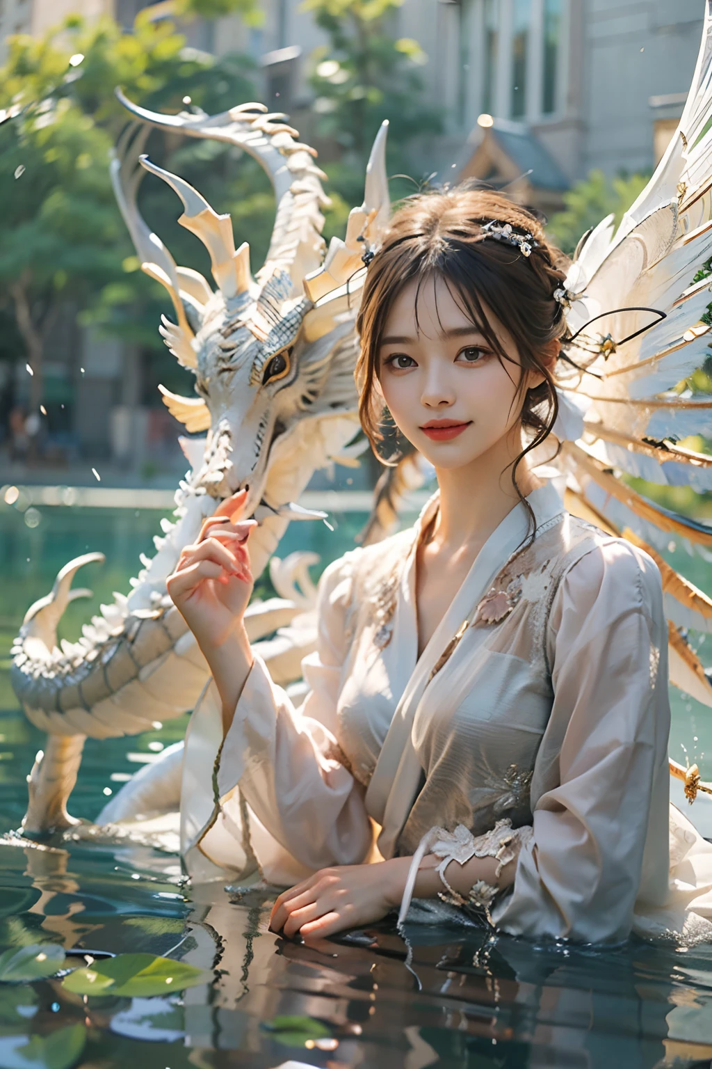 Dragons in Chinese mythology,(Portrait of an angel and a dragon god:1.3,)(Sheer and revealing white fluffy outfit:1.3, ),(Angel with glass wings floating above lake:1.3), (A glass dragon protects angels from behind:1.3),shiny light brown and orange striped hair,,,,,,,,,,Cute smile,Perfect round face,A cheerful smile that makes the viewer happy,Proper body proportion,masutepiece,Super high-quality output images,hight resolution,Intricate details,Hair fluttering in a very delicate and beautiful wind,photos realistic,Dreamy,Professional Lighting,realistic shadow,Beautiful hands,Beautiful fingers,Detailed finger features,detailed clothes features,Detailed hair features,detailed facial features,