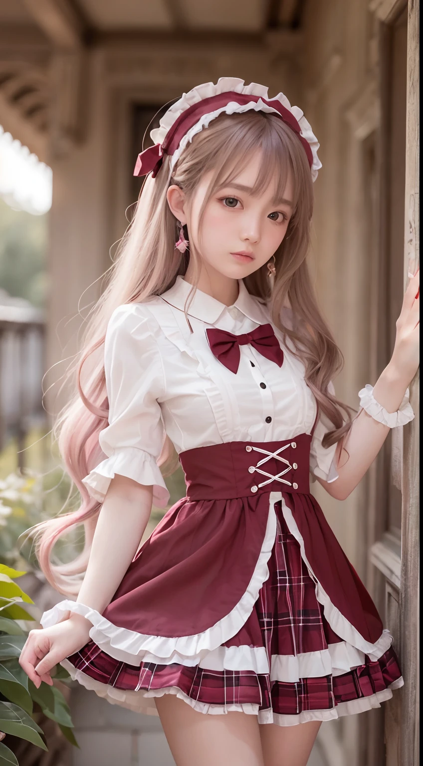 (Masterpiece, Best quality, Masterpiece,Best quality,offcial art, 8K wallpapers), Girl,chiquita，with long hair in takes, Pink hair, Wavy hair, Small breasts,(Dynamic color Lolita costume), Bare legs, Skirt lift,European restaurant，candlestick，wall，tableware， (Skin with the highest level of detail: 1,2), (The highest level of detail in the dial:1.2), Front lighting, natta, warm white light, looks into camera,