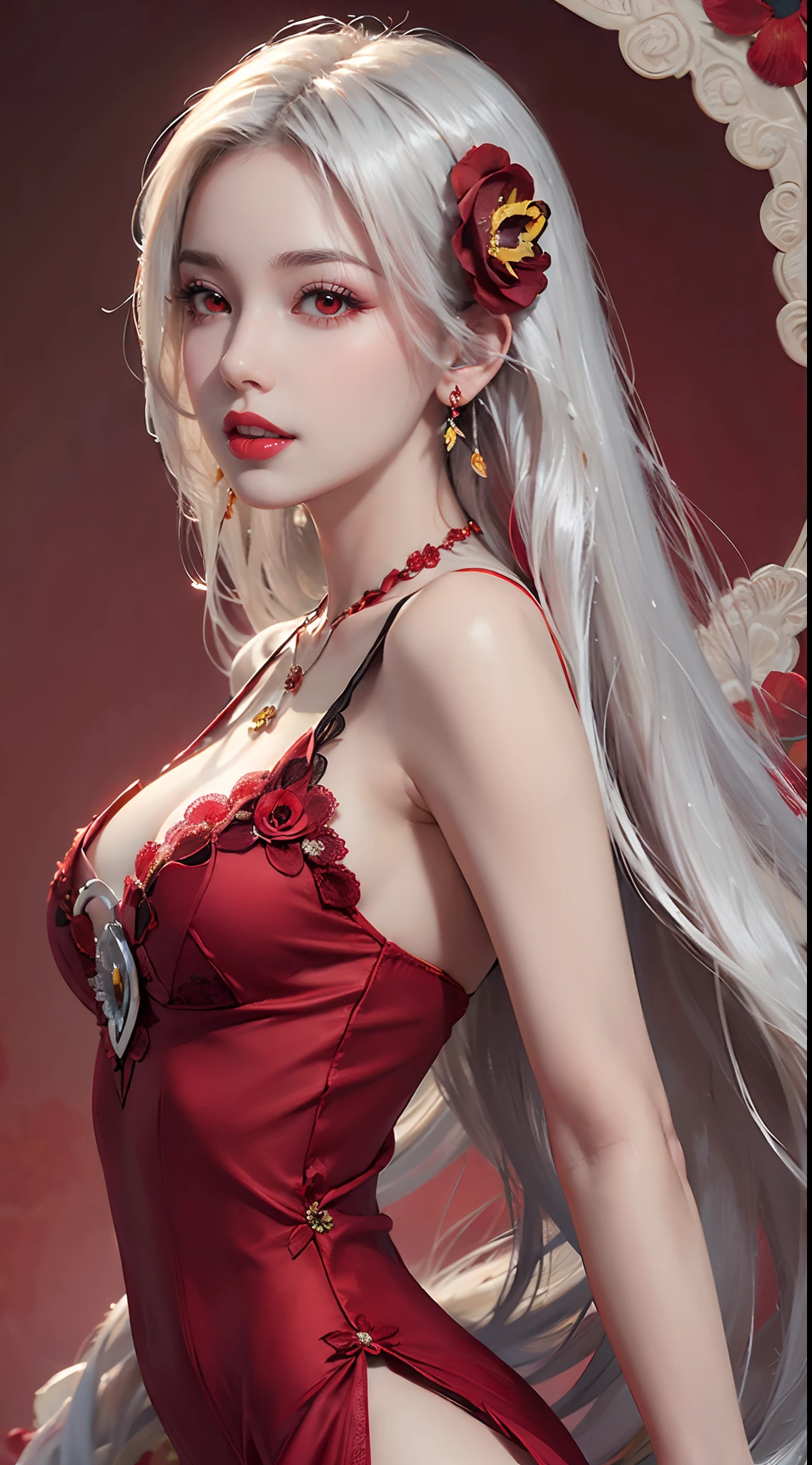 A beautiful and sexy 20 year old girl, ((wearing a super thin red dress:1.8)), a dress with diamonds, ((long platinum hair:1.6)), bangs, jewelry elaborately made from precious stones and beautiful hair, ((wearing a black lace necklace:1.4))), the noble, noble style of an extremely beautiful girl, her small face is super cute, her face is very pretty, thin eyebrows, flawless beautiful face, ((black eye pupils: 0.8)), very beautiful eyes, ((light red eyes: 1.5)), nice makeup and hair detailed eyelashes, steamy eye makeup, high nose, earrings, red lips, ((closed mouth: 1;5 )) beautiful lips, slim hands, most beautiful thighs, ((arms spread out to the sides: 1.5) ), rosy face, clean face, flawless beautiful face, smooth white skin, (big breasts: 1.5)), ((high breasts: 1.6) ), tight breasts, beautiful cleavage, (((big breasts and super round: 1.8))), ((super tight breasts: 1.7)) , beautiful breasts, back arms, chest out, thin black mesh stockings with black lace trim, 8k photo, super high quality, super realistic, super 10x pixels, optical, bright studio, bright edges, dual-tone lighting, (high-detail skin:1.2), super 8k, soft lighting, high quality, volumetric lighting, photorealistic, photorealistic high resolution, lighting, best photo, 4k, 8k quality, blur effect, smooth sharp, 10 x pixel, ((red flower background:1.7)), aurora, lightning, super graphics realistic, most realistic graphics, alone, solo, Extremely sharp image, surreal, girl's upper body, (((frontal portrait: 1.6)))."