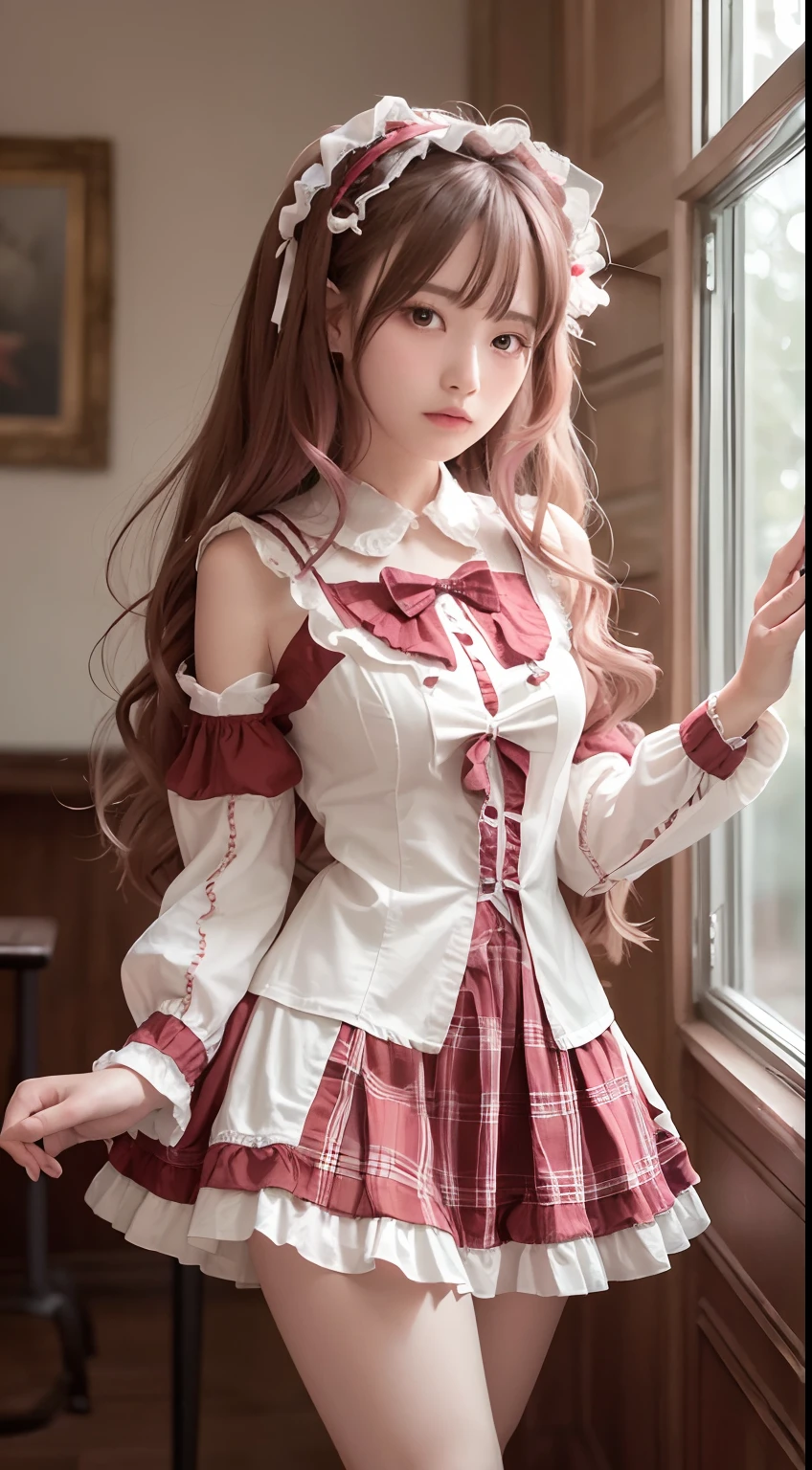 (Masterpiece, Best quality, Masterpiece,Best quality,offcial art, 8K wallpapers), Girl,chiquita,with long hair in takes, Pink hair, Wavy hair, Small breasts,(Dynamic color ta costume), Bare legs, Skirt lift,European restaurant,candlestick,wall,tableware, (Skin with the highest level of detail: 1,2), (The highest level of detail in the dial:1.2), Front lighting, natta, warm white light, looks into camera,