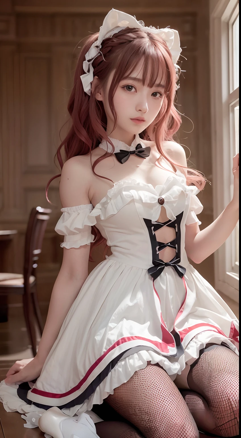 (Masterpiece, Best quality, Masterpiece,Best quality,offcial art, 8K wallpapers), Girl,chiquita,with long hair in takes, Pink hair, Wavy hair, Small breasts,(Dynamic color ta costume), Bare legs, Skirt lift,European restaurant,candlestick,wall,tableware, (Skin with the highest level of detail: 1,2), (The highest level of detail in the dial:1.2), Front lighting, natta, warm white light, looks into camera,