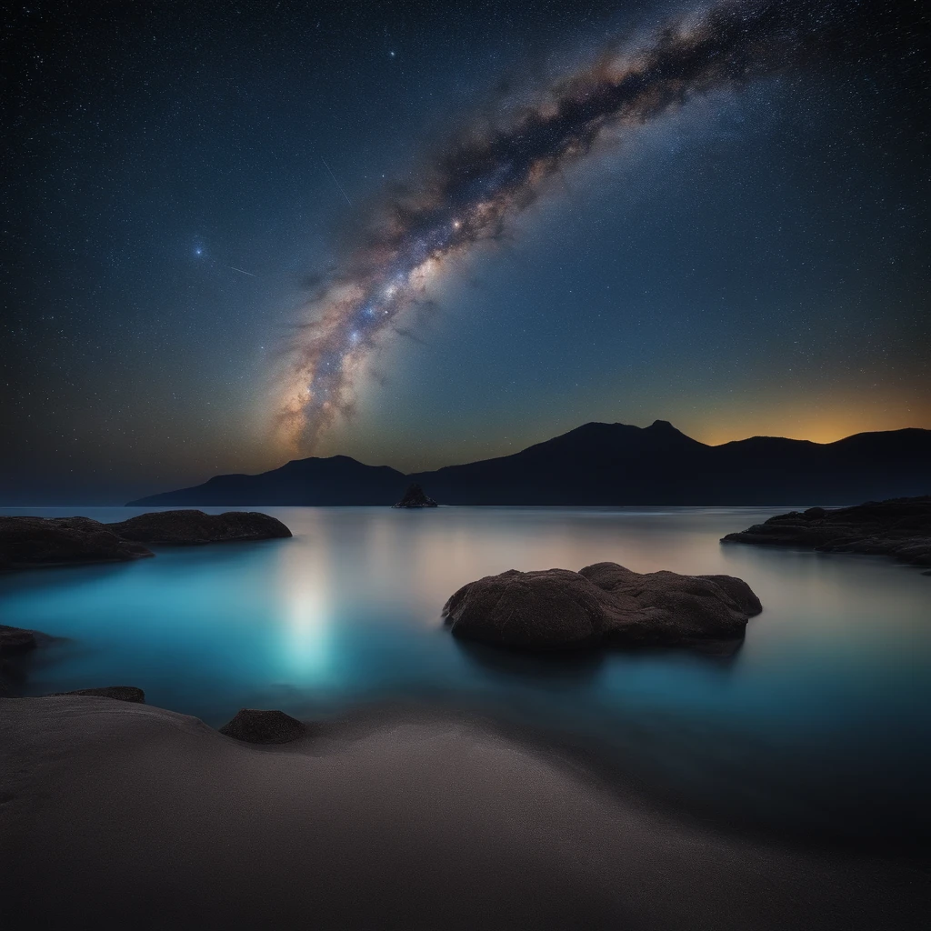 Master Parts、Superior Quality、superior image quality、The 8k quality、Beautiful pictures of the starry sky、magnifica、Arched Milky Way:1.9、Blue Sea