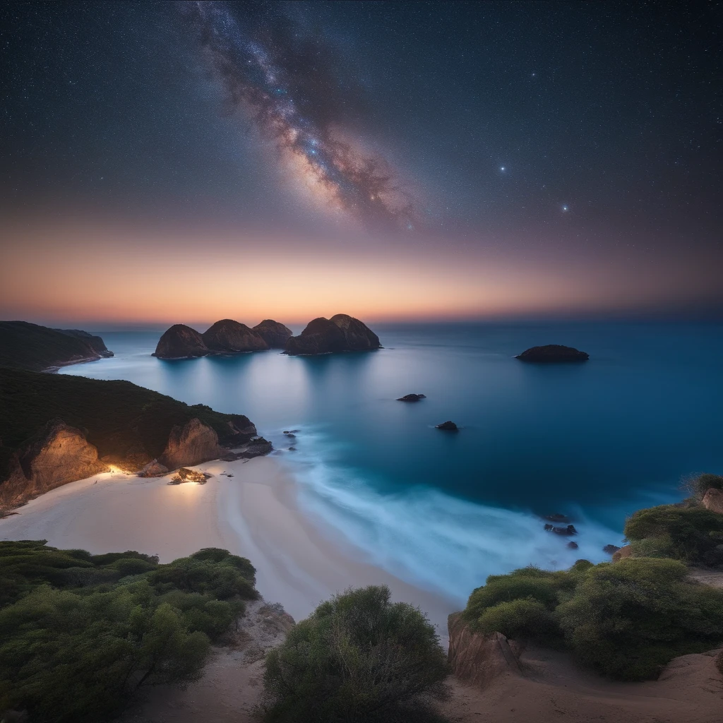 Master Parts、Superior Quality、superior image quality、The 8k quality、Beautiful pictures of the starry sky、magnifica、Arched Milky Way:1.9、Blue Sea