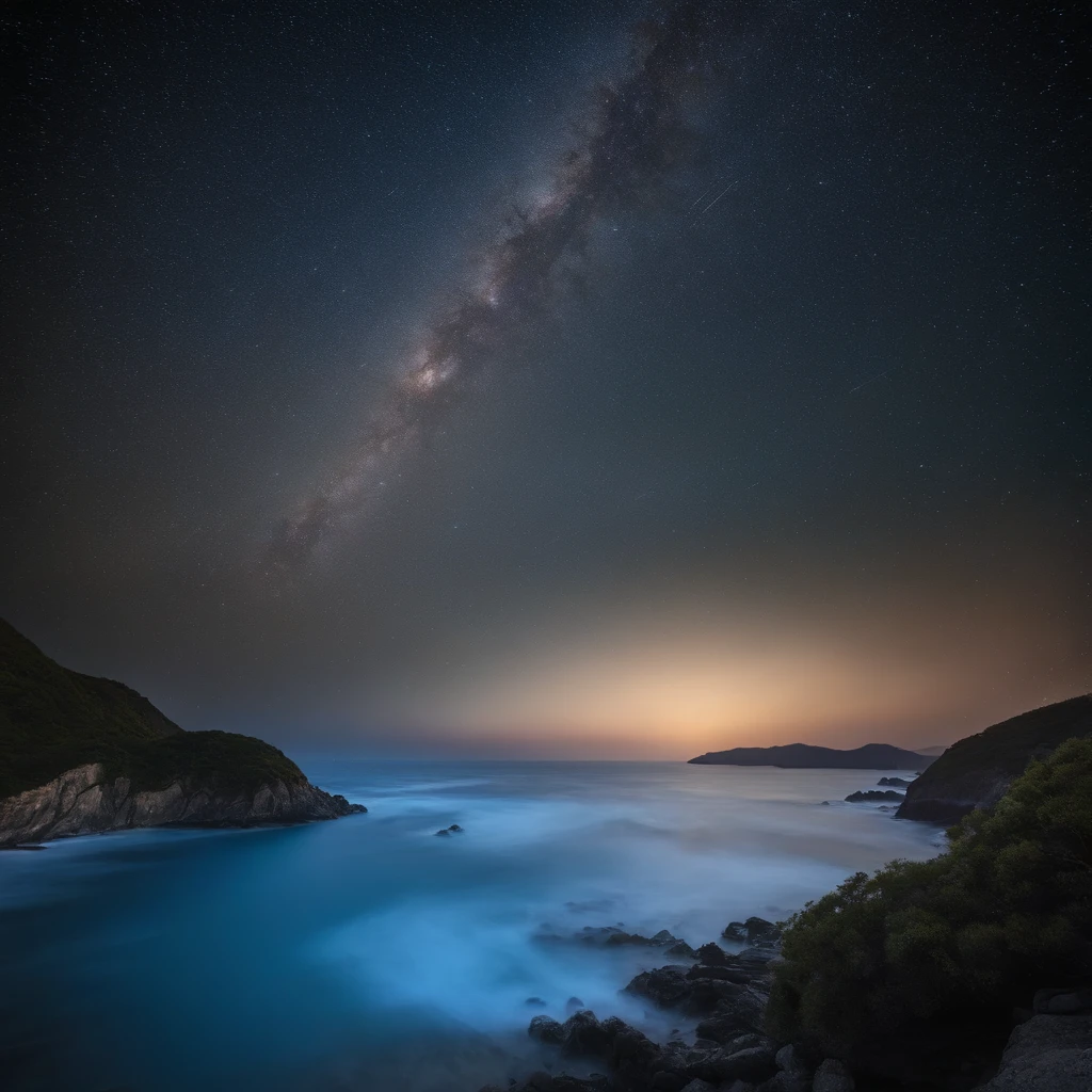 Master Parts、Superior Quality、superior image quality、The 8k quality、Beautiful pictures of the starry sky、magnifica、Arched Milky Way:1.9、Blue Sea