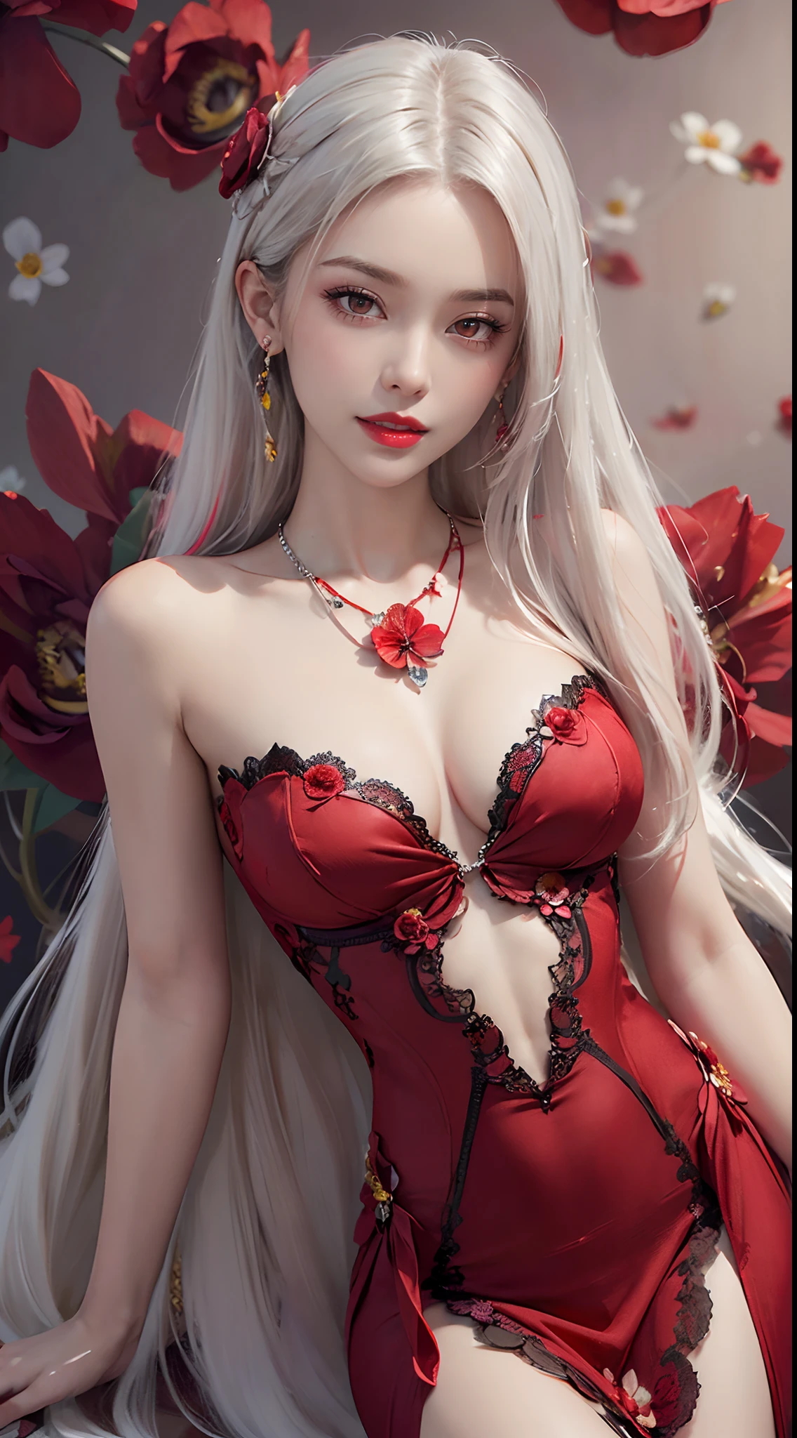 A beautiful and sexy 20 year old girl, ((wearing a super thin red dress:1.8)), a dress with diamonds, ((long platinum hair:1.6)), bangs, jewelry elaborately made from precious stones and beautiful hair, ((wearing a black lace necklace:1.4))), the noble, noble style of an extremely beautiful girl, her small face is super cute, her face is very pretty, thin eyebrows, flawless beautiful face, ((black eye pupils: 0.8)), very beautiful eyes, ((light red eyes: 1.5)), nice makeup and hair detailed eyelashes, steamy eye makeup, high nose, earrings, red lips, ((closed mouth: 1;5 )) beautiful lips, slim hands, most beautiful thighs, ((arms spread out to the sides: 1.5) ), rosy face, clean face, flawless beautiful face, smooth white skin, (big breasts: 1.5)), ((high breasts: 1.6) ), tight breasts, beautiful cleavage, (((big breasts and super round: 1.8))), ((super tight breasts: 1.7)) , beautiful breasts, back arms, chest out, thin black mesh stockings with black lace trim, 8k photo, super high quality, super realistic, super 10x pixels, optical, bright studio, bright edges, dual-tone lighting, (high-detail skin:1.2), super 8k, soft lighting, high quality, volumetric lighting, photorealistic, photorealistic high resolution, lighting, best photo, 4k, 8k quality, blur effect, smooth sharp, 10 x pixel, ((red flower background:1.7)), aurora, lightning, super graphics realistic, most realistic graphics, alone, solo, Extremely sharp image, surreal, girl's upper body, (((frontal portrait: 1.6)))."