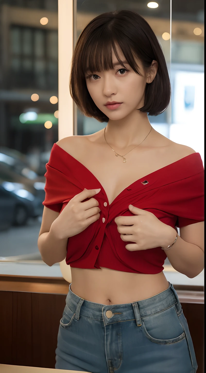 top-quality、8K、(realisitic、hight resolution:1.3)、1 girl with a perfect figure、Super thin face and eyes、length hair、Colossal tits、(Red Off-Shoulder Shirt:1.2)、(Roll up your shirt、Show the lower half of the chest:1.6)、abdominals、Short jeans、in a cafe、coffee on table、Night view of the building from the window