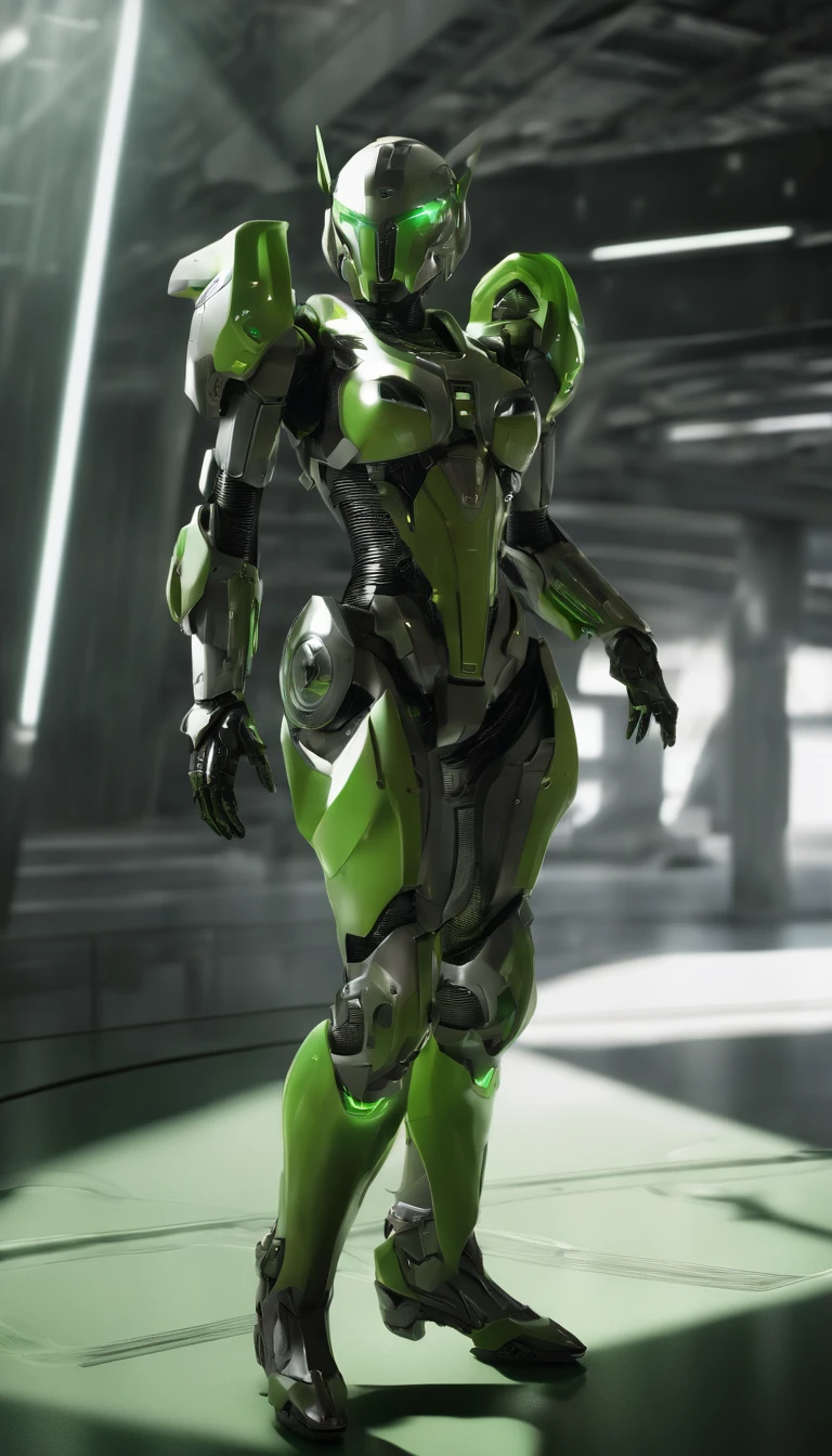 CGI artwork，(Full body photo:1.4)Mecha female mecha, mecha asthetic, girl in mecha cyber armor, cool mecha style, beautiful full-body concept art, modern mecha anime, Mechanized Valkyrie girl, pristine concept art, White background，Reflective floor,( Mirrored textured flooring: 1.0),(Close up: 1.0) (Dim tones: 1.5), lens_flare, film_composition, film_lighting (Don't look at the camera: 1.4) (looks away: 1.4) Solo (Full body shot: 1.0)Top light source.(Black and green color scheme:1.4)