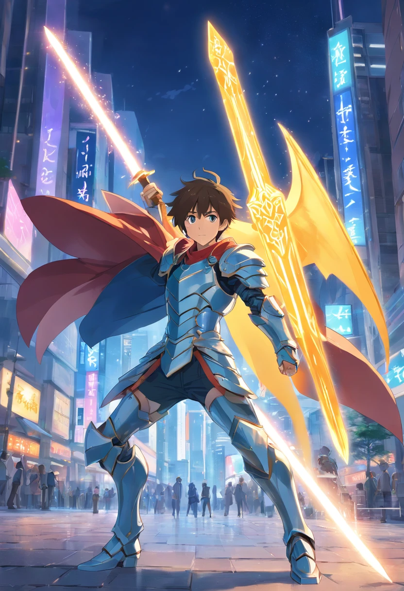 In a world of magic and dragons, a young knight stands out with his modern suit of silver-plated armor. His brown hair is neatly combed, and his blue eyes shine with determination. He holds a war hammer in one hand and a shield in the other, ready to face any challenge. His cape, adorned with golden trim, adds a touch of elegance to his otherwise battle-ready appearance.