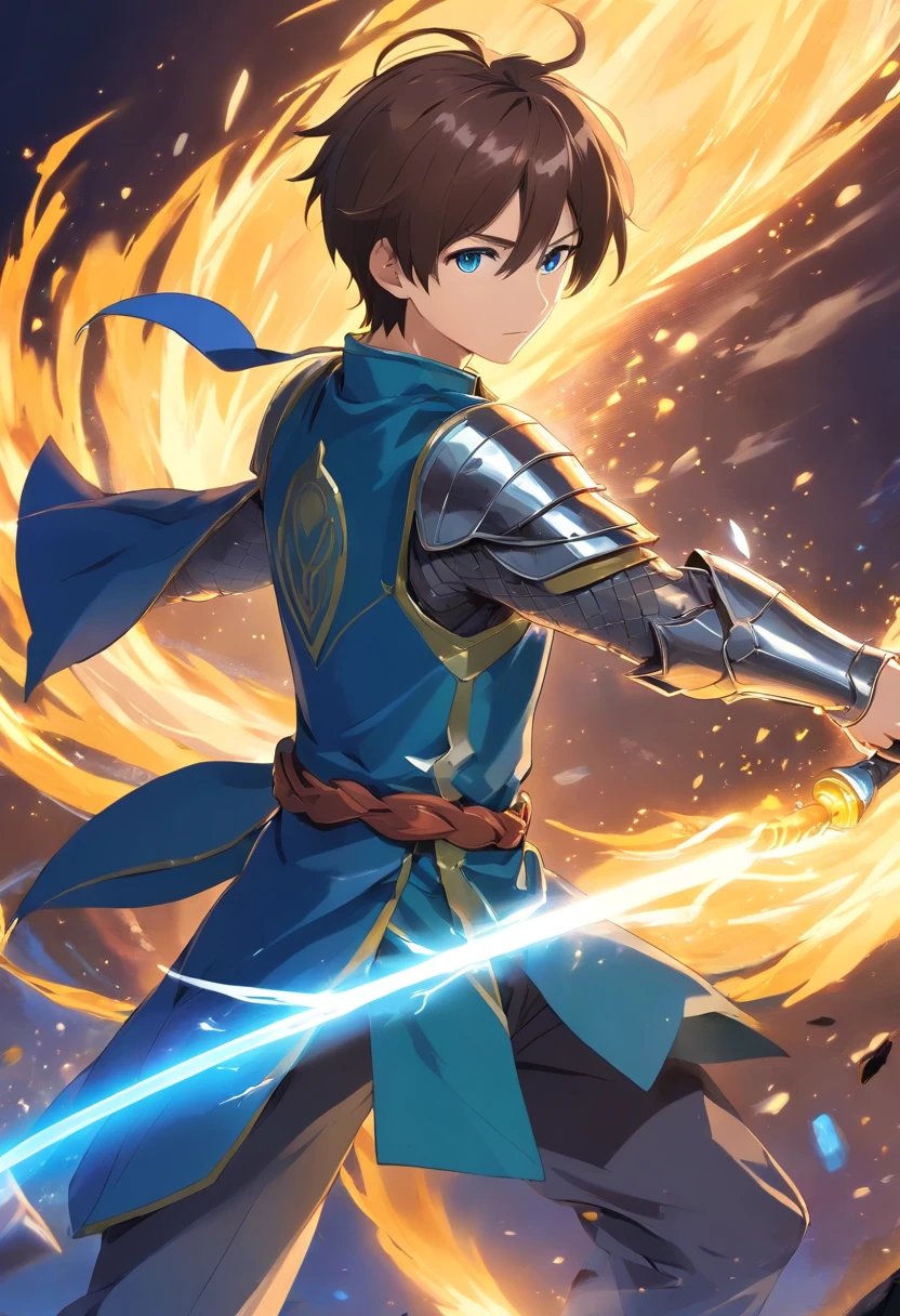 In a world of magic and dragons, a young knight stands out with his modern suit of silver-plated armor. His brown hair is neatly combed, and his blue eyes shine with determination. He holds a war hammer in one hand and a shield in the other, ready to face any challenge. His cape, adorned with golden trim, adds a touch of elegance to his otherwise battle-ready appearance.