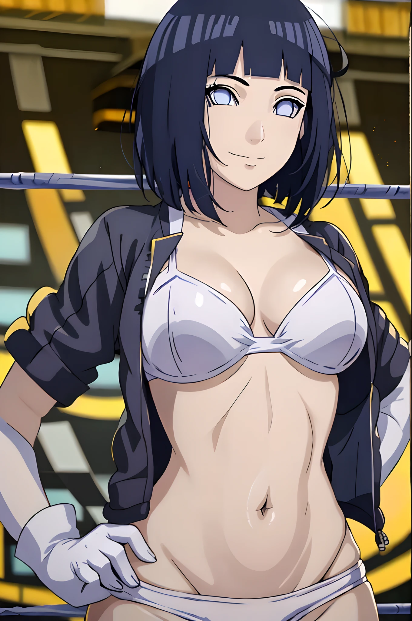 (ultra detailed body, ultra detailed face), ((solo, 1 girl)), anime style, hires, ((wrestling stage, (children watching))), (hinata\(boruto\), (female wrestler), (slender body, broad shoulders), mature woman, milf, (mini jacket, ultra detailed pro wrestling gear, long gloves), extremely gorgeous, (smile, closed mouth), (pale skin, shiny skin, lighting and shadow), (dark blue hair color:1.1), wavy hair, ((short hair, hime cut), big breasts, ((hands on hips)), (long belly), (very seductive), (perfect eyes, white sciera, bright eyes, white eyes, anime eyes)