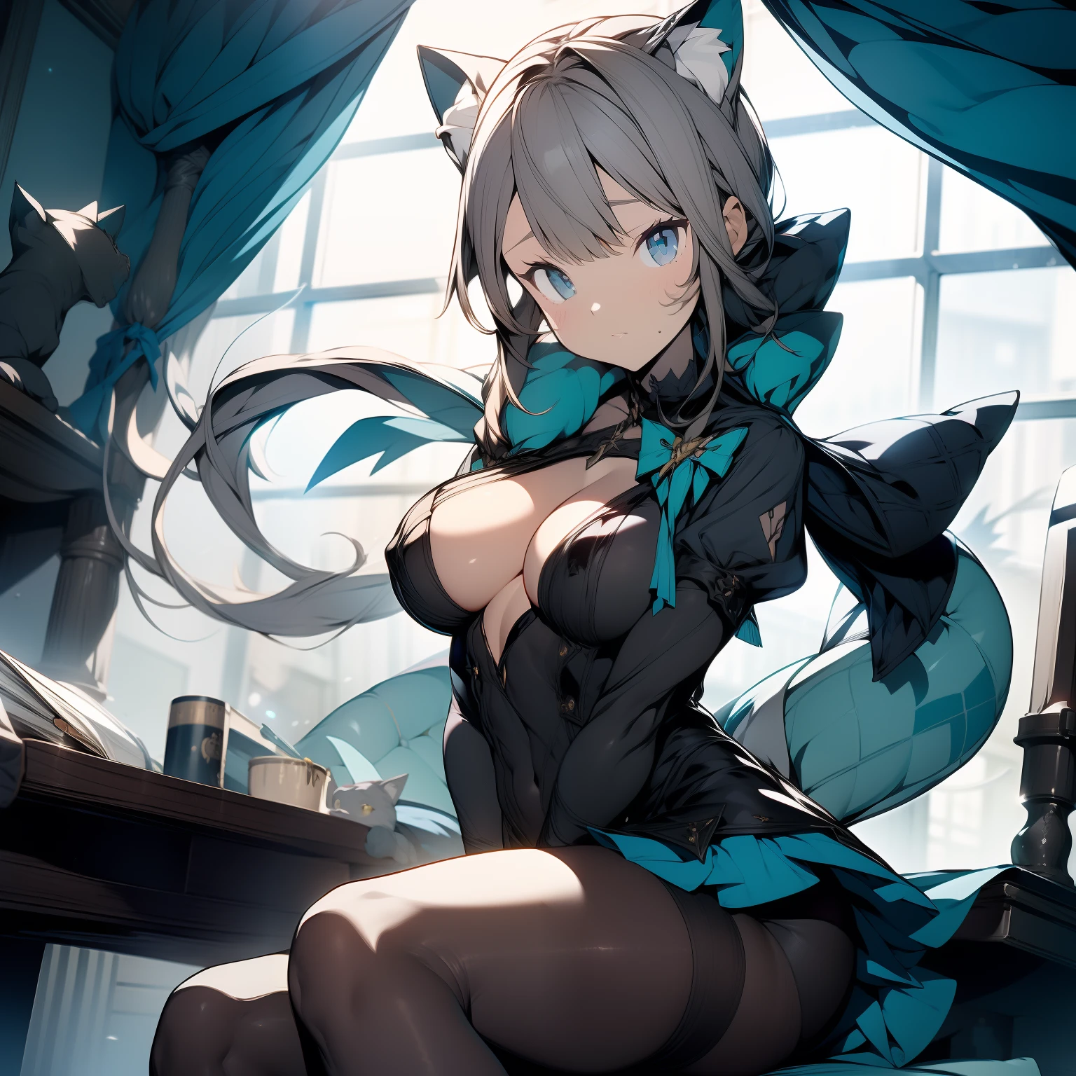 (masterpiece),best quality, expressive eyes, perfect face, 1girl, ((cat-ears)) sheer black bodysuit, skintight black bodysuit, catsuit, bodysuit, thin bodysuit, tight attire, skintight suits, full length shot, skintight black clothes, sheer, fullbodysuit, nylon tights, tight full body suit, pantyhose, skintight
big breast, H-cup, good breast, beautiful, gorgeous ,large breast, sitting on a desk, medium shot, indoors, magician office, cleavage, white sleeves, Turquoise bow, black school skirt, bow, feminine, blushing
lynette "Genshin_Impact"