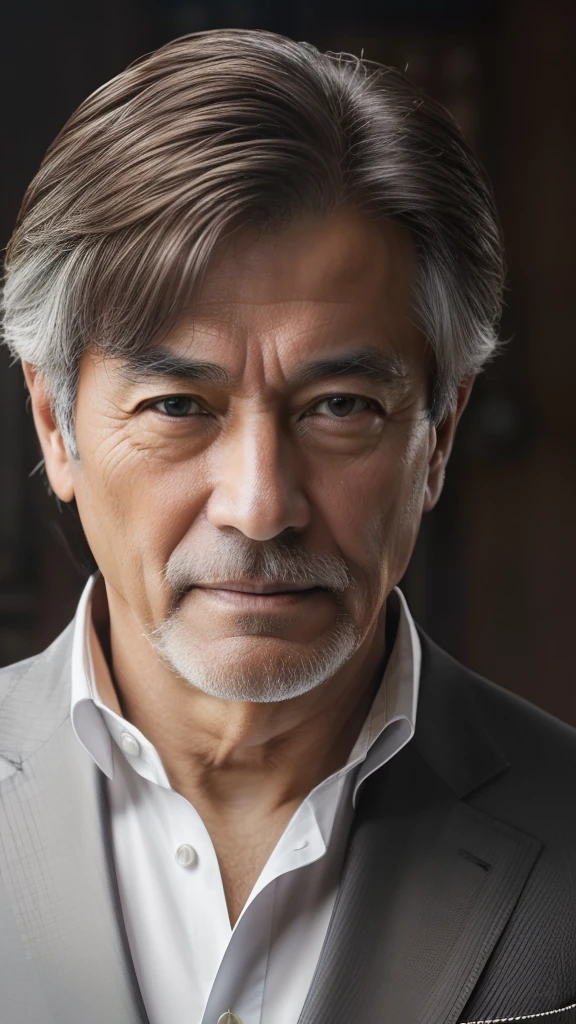 (the Extremely Detailed CG Unity 8K Wallpapers,masutepiece, Best Quality, Ultra-detailed), Gray background, 73-year-old male living in Japan, Stubborn 73-year-old man, As for the hairstyle、With medium-length hair,、The flow behind is gentle。Hair does not fade、Be healthy and at the same time、Also gives an intellectual impression。Hair color is、in deep brown、Has a natural luster, There is a sense of cleanliness。His appearance is、Combines calm and intelligence、There is an image of a respectable tavern owner。