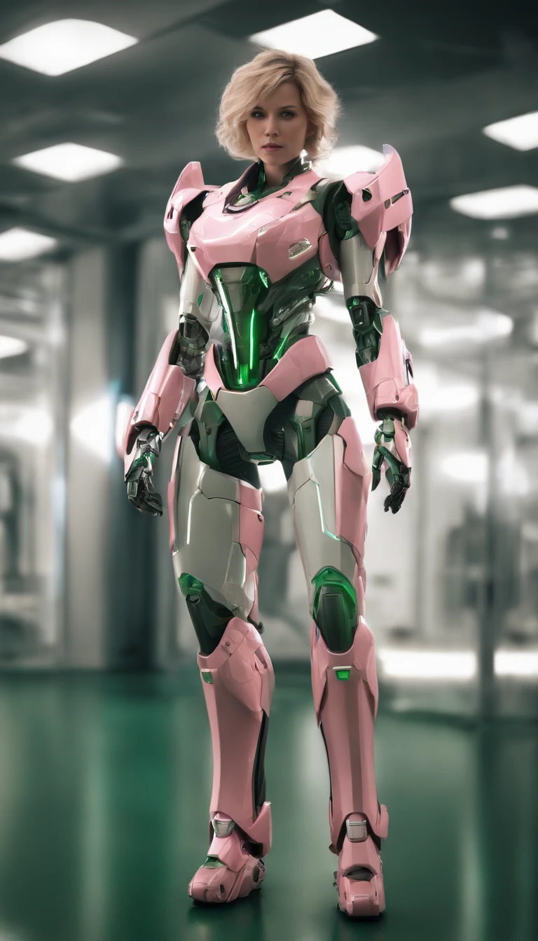 CGI artwork，(Full body photo:1.4)Mecha female mecha, mecha asthetic, girl in mecha cyber armor, cool mecha style, beautiful full-body concept art, modern mecha anime, Mechanized Valkyrie girl, pristine concept art, White background，Reflective floor,( Mirrored textured flooring: 1.0),(Close up: 1.0) (Dim tones: 1.5), lens_flare, film_composition, film_lighting (Don't look at the camera: 1.4) (looks away: 1.4) Solo (Full body shot: 1.0)Top light source.(Pink and green color scheme:1.4)
