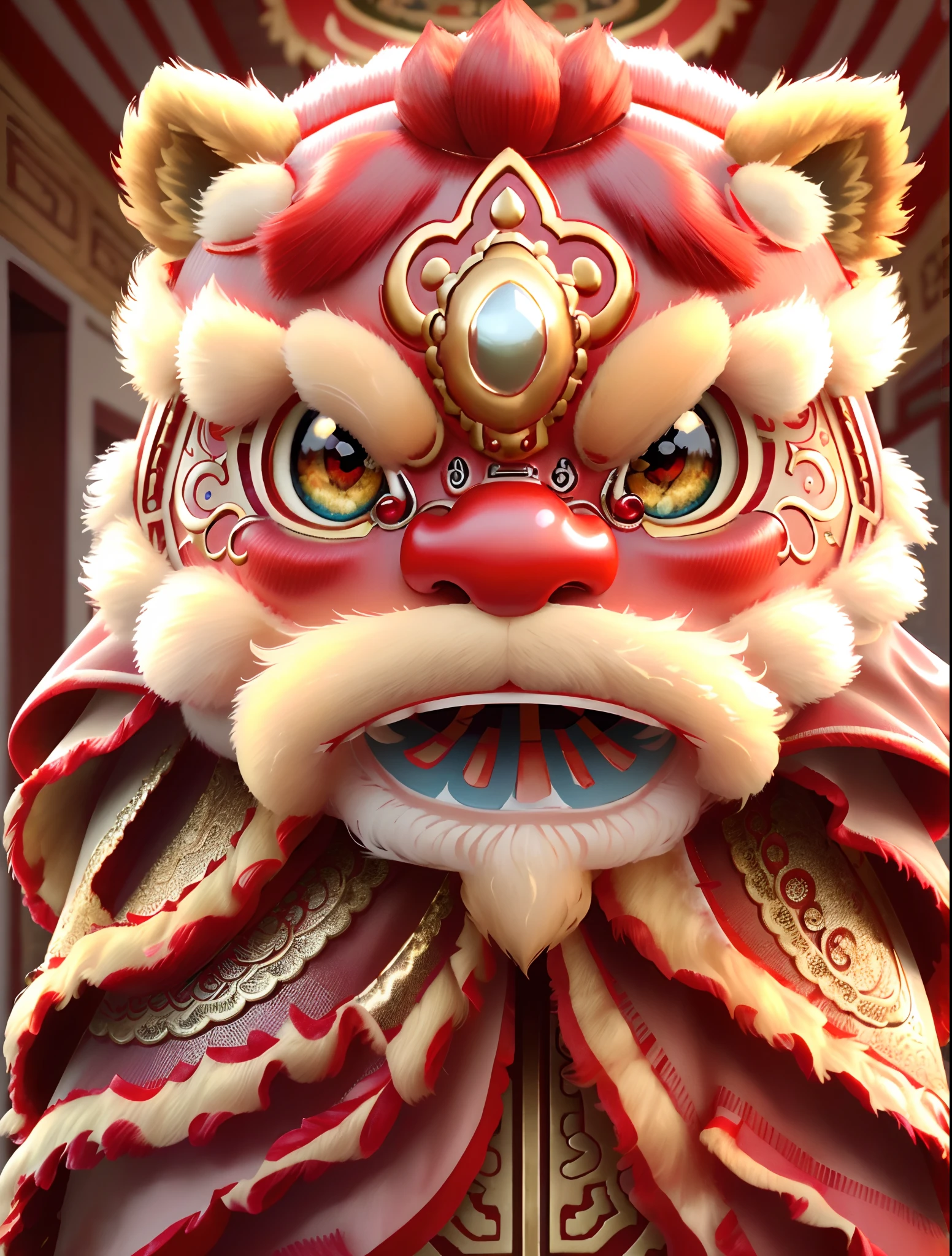 (best quality,4k,8k,highres,masterpiece:1.2),ultra-detailed,brass lion head sculpture on the table,exquisitely crafted,red gemstone eyes,blue gemstone forehead decoration,ornate and luxurious lion head artwork,Chinese elements,traditional culture,traditional craftsmanship,beautifully handcrafted,regal and majestic,sparkling gemstones,lifelike details,vibrant colors,shiny polished surface,decorative piece,East Asian heritage,Cultural heritage,antique,bronze sculpture,symbol of power and strength,traditional lion dance,eye-catching centerpiece,intricate design,authentic representation,impressive craftsmanship.