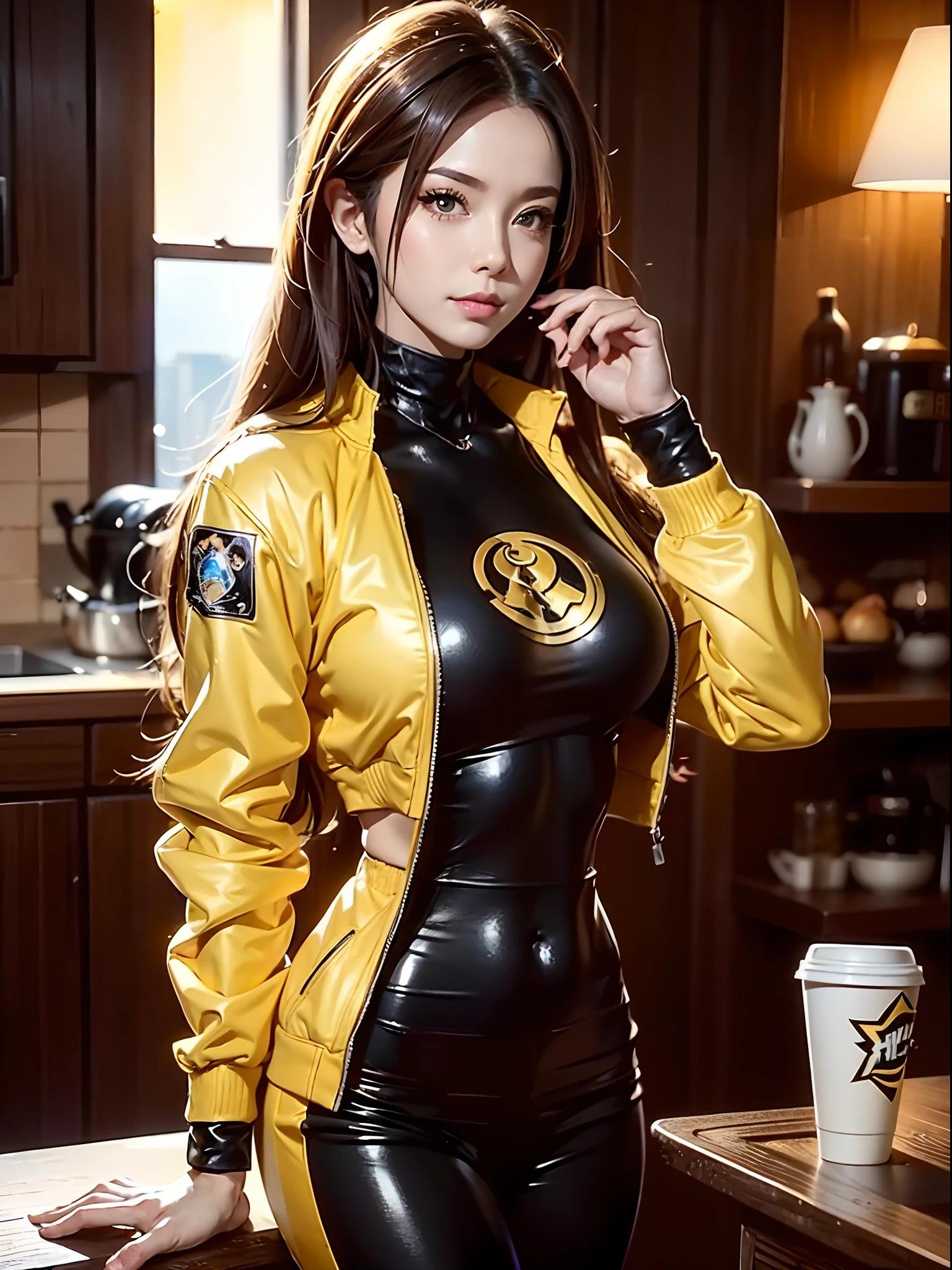 a woman in a yellow jacket holding a cup of coffee, extremely detailed artgerm, anime girl drinks energy drink, senna from league of legends, lovely brigitte from overwatch, brigitte from overwatch, ruan jia and artgerm, trending artgerm, faye valentine, like artgerm, range murata and artgerm, ig model | artgerm