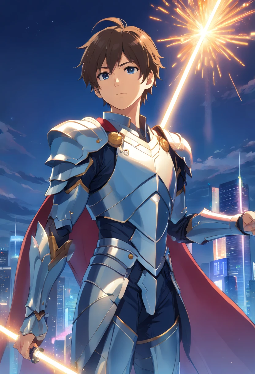 In a world of magic and dragons, a knight stands out with his modern suit of silver-plated armor. His brown hair is neatly combed, and his blue eyes shine with determination. He holds a war hammer in one hand and a shield in the other, ready to face any challenge. His cape, adorned with golden trim, adds a touch of elegance to his otherwise battle-ready appearance.