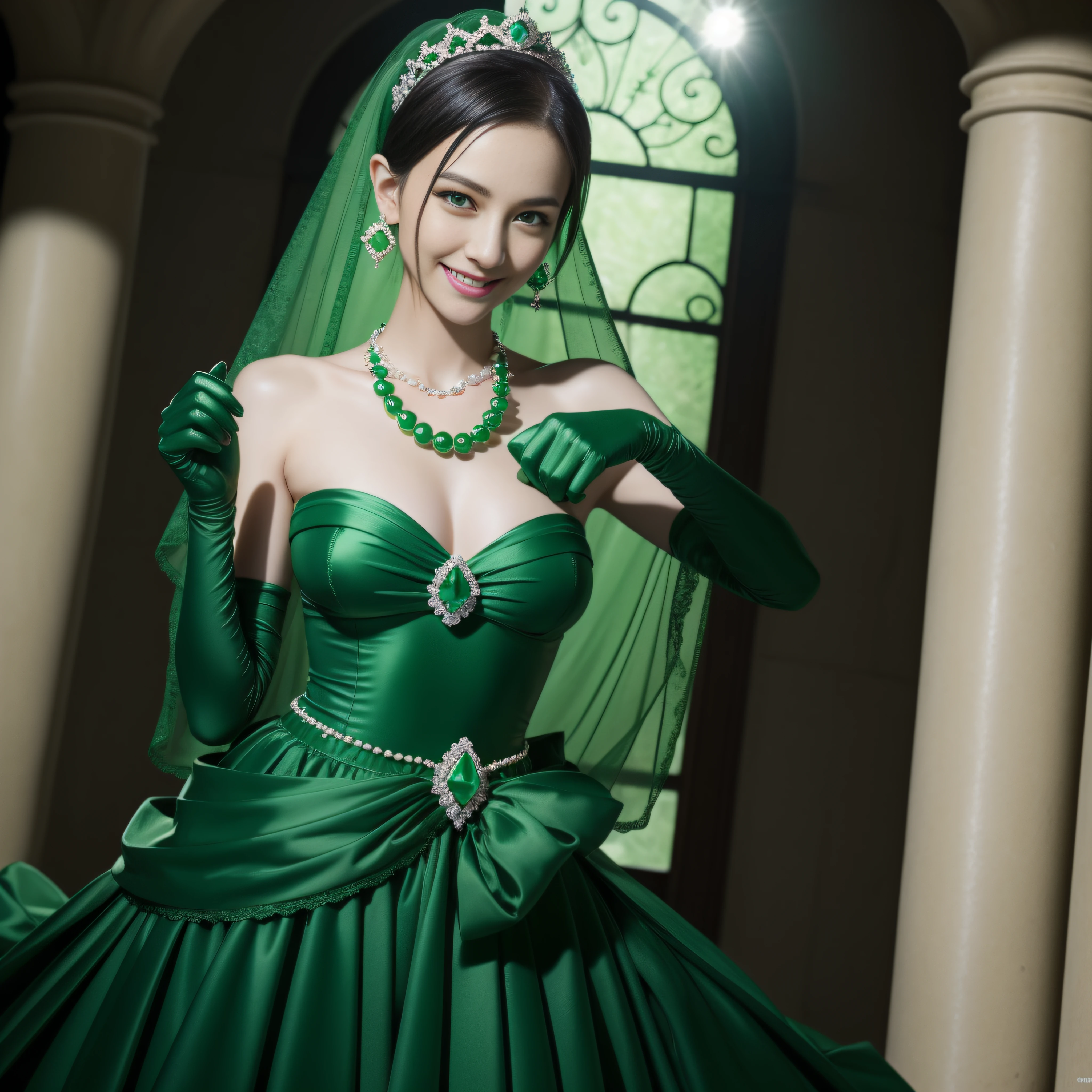emerald tiara, Green Pearl Necklace, Boyish very short black hair, lipsticks, Japan woman smiling, very short short hair, big breasts beautiful, Green eyes, Long green gloves made of satin material, Green eyes, Emerald Earrings, The tattoo