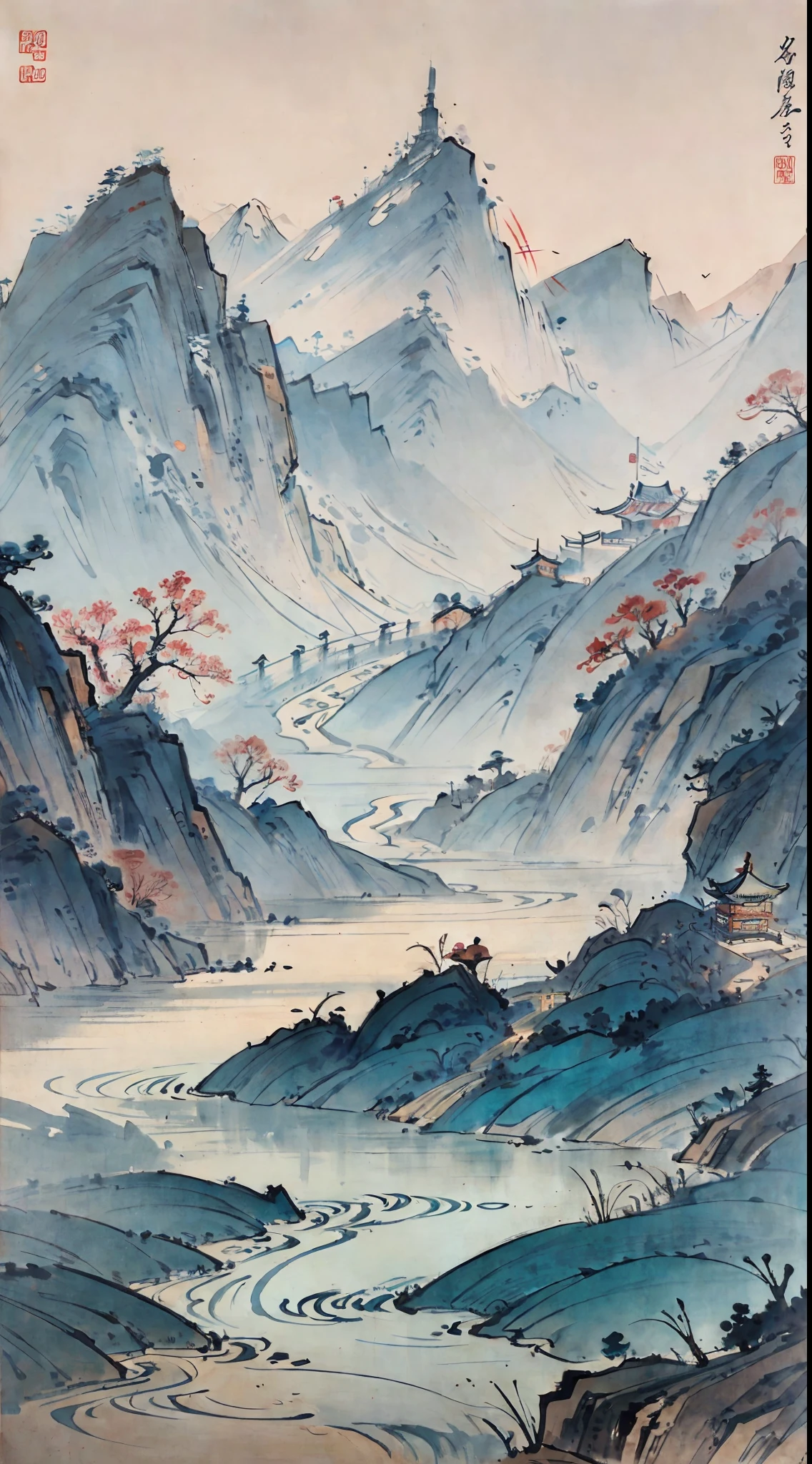 Wide river,High mountains in the distance,Hilltop temple,chinese brush pen illustration,chinese painting style,Chinese traditional painting,Tradition Chinese Ink Painting,Chinese style painting,chinese watercolor style,China ink painting,Beautiful artwork illustration,Inspired by Xiao Yuncong,traditional chinese art,chinese paintings,Middle Metaverse,Inspired by Wang Yuanqi