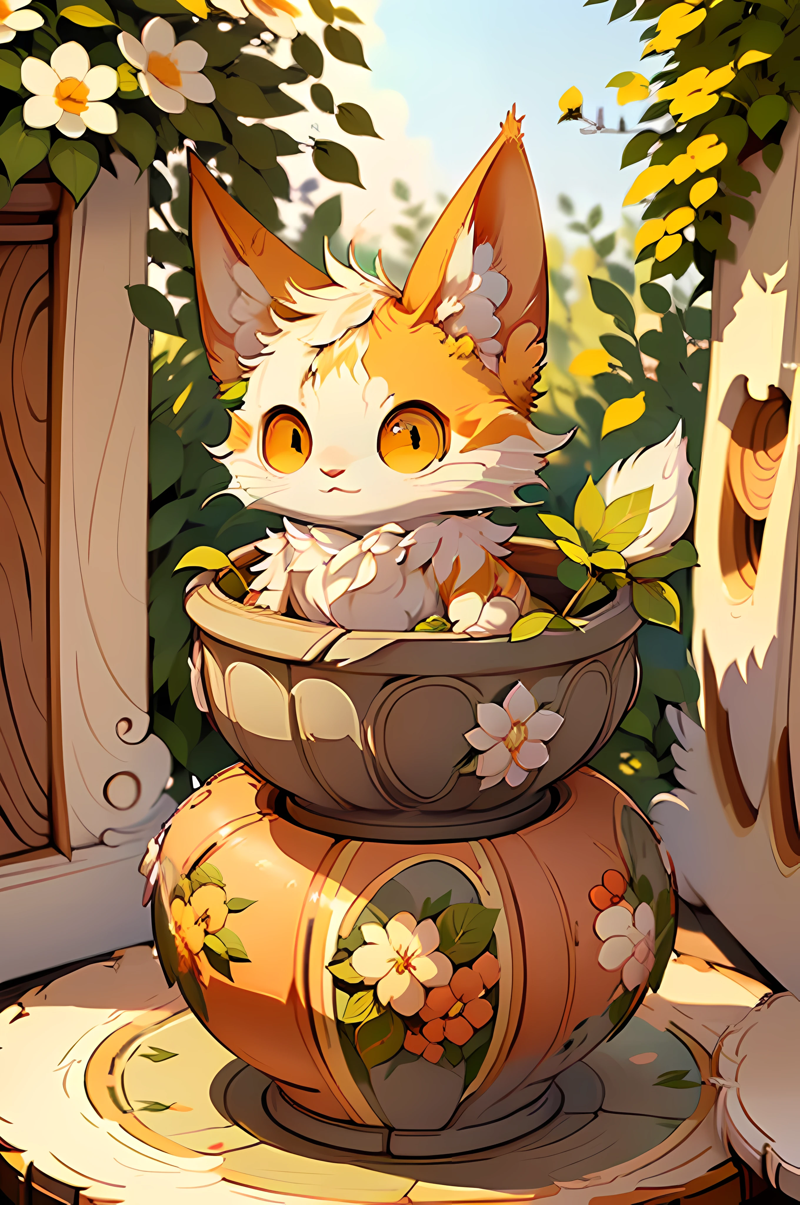 There is a cartoon cat sitting on a flower pot, Cute detailed digital art, adorable digital art, lovely digital painting, cute detailed artwork, lovely art style, cute artwork, cute anthropomorphic bunny, cute character, Furry art, fursona art, Eevee, very very beautiful furry art, Furry art!!!, furry fantasy art, ahri, cute portrait