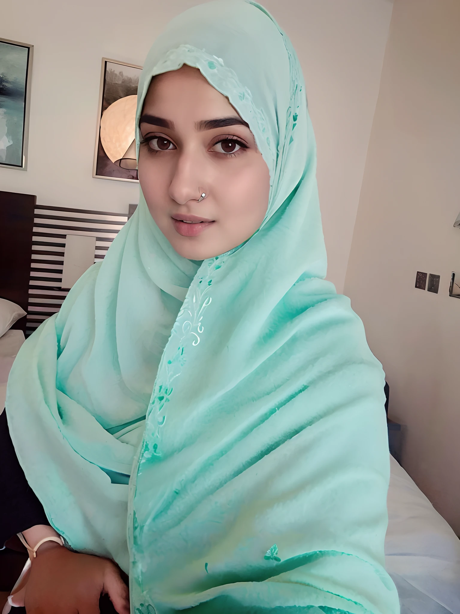 there is a woman in a green shawl sitting on a bed, inspired by Riza Abbasi, wearing only a green robe, inspired by Ambreen Butt, by Riza Abbasi, arab ameera al taweel, faridah malik, with accurate face, hijab, with serious face expression, white hijab, wearing blue robe, with lovely look