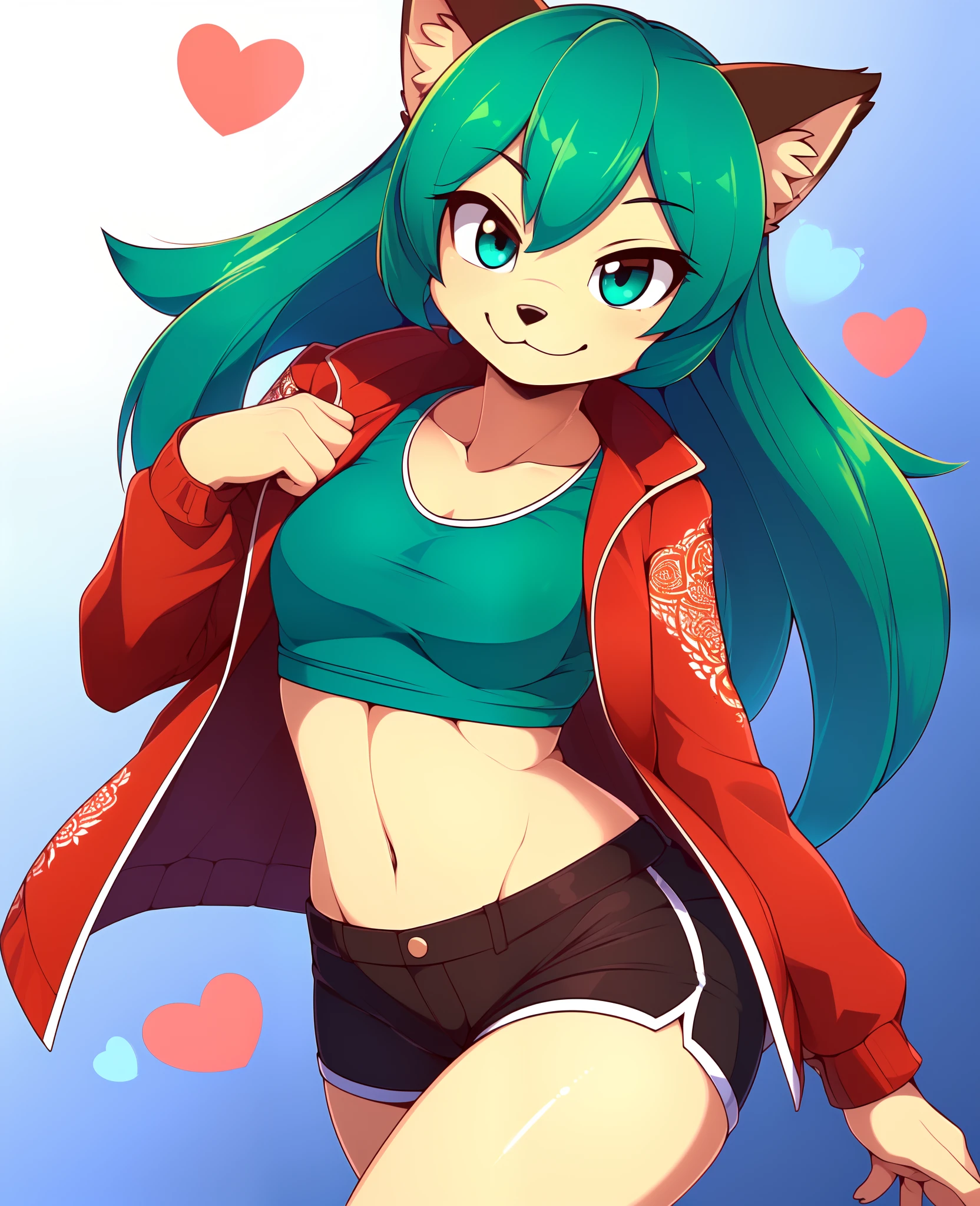 (best quality, highest quality, digital art, intricate, highres, 8k, anthropomorphic, furry, uploaded_on_e621:1.4), michiru, michiru kagemori (brand new animal), 1girl, green shorts, white shirt, red jacket, simple background, looking at viewer, smirking, love hearts, seductive pose,