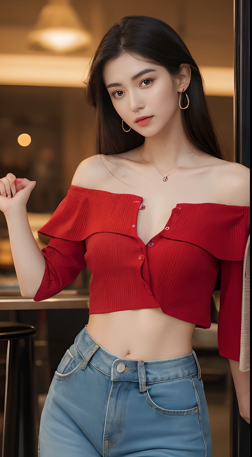 top-quality、8K、(realisitic、hight resolution:1.3)、1 girl with a perfect figure、Super thin face and eyes、length hair、Colossal tits、(Red Off-Shoulder Shirt、Roll up your shirt:1.5)、(Show the lower half of the chest:1.6)、abdominals、Short jeans、in a cafe、coffee on table、Night view of the building from the window