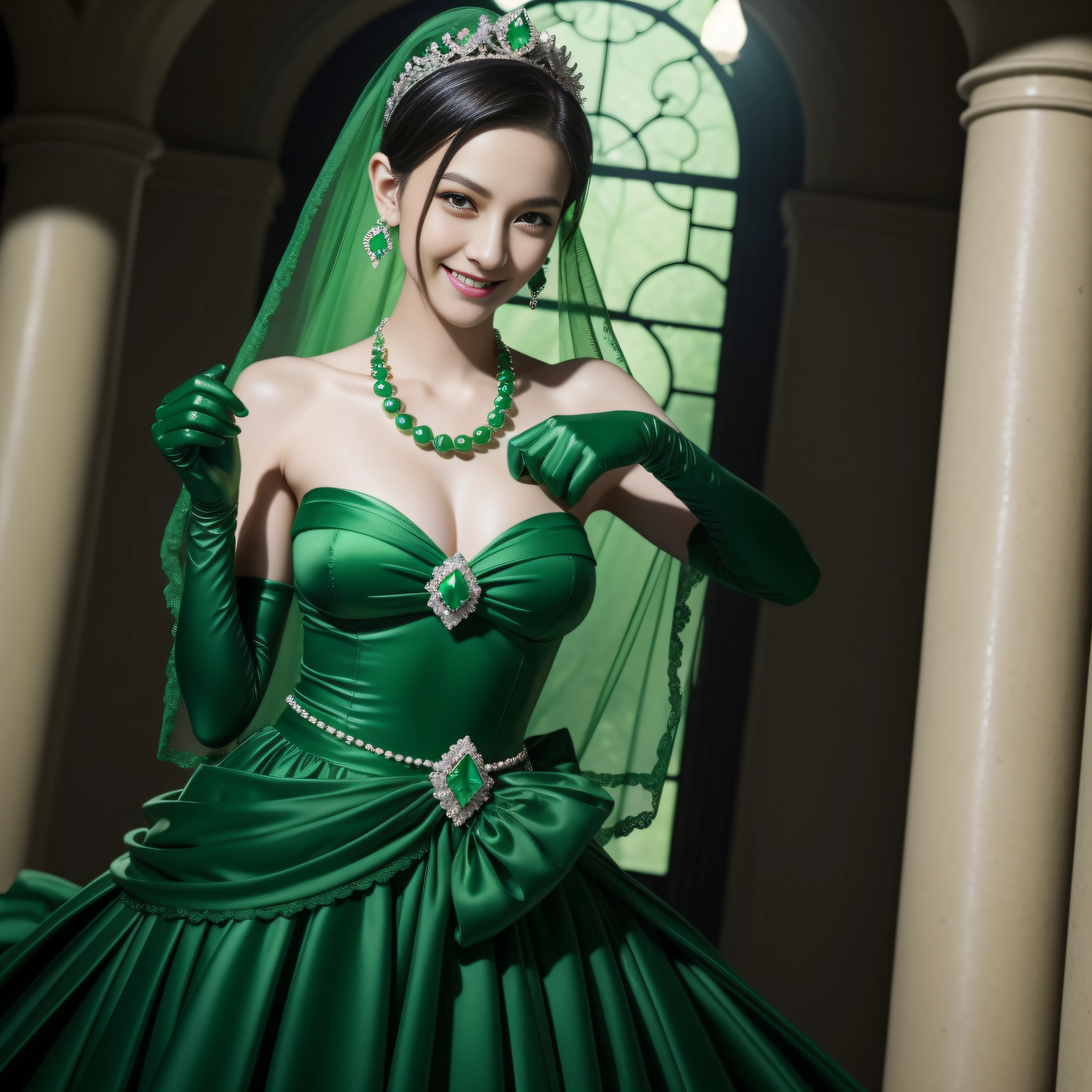 emerald tiara, Green Pearl Necklace, Boyish very short black hair, lipsticks, Japan woman smiling, very short short hair, big breasts beautiful, Green eyes, Long green gloves made of satin material, Green eyes, Emerald Earrings, The tattoo