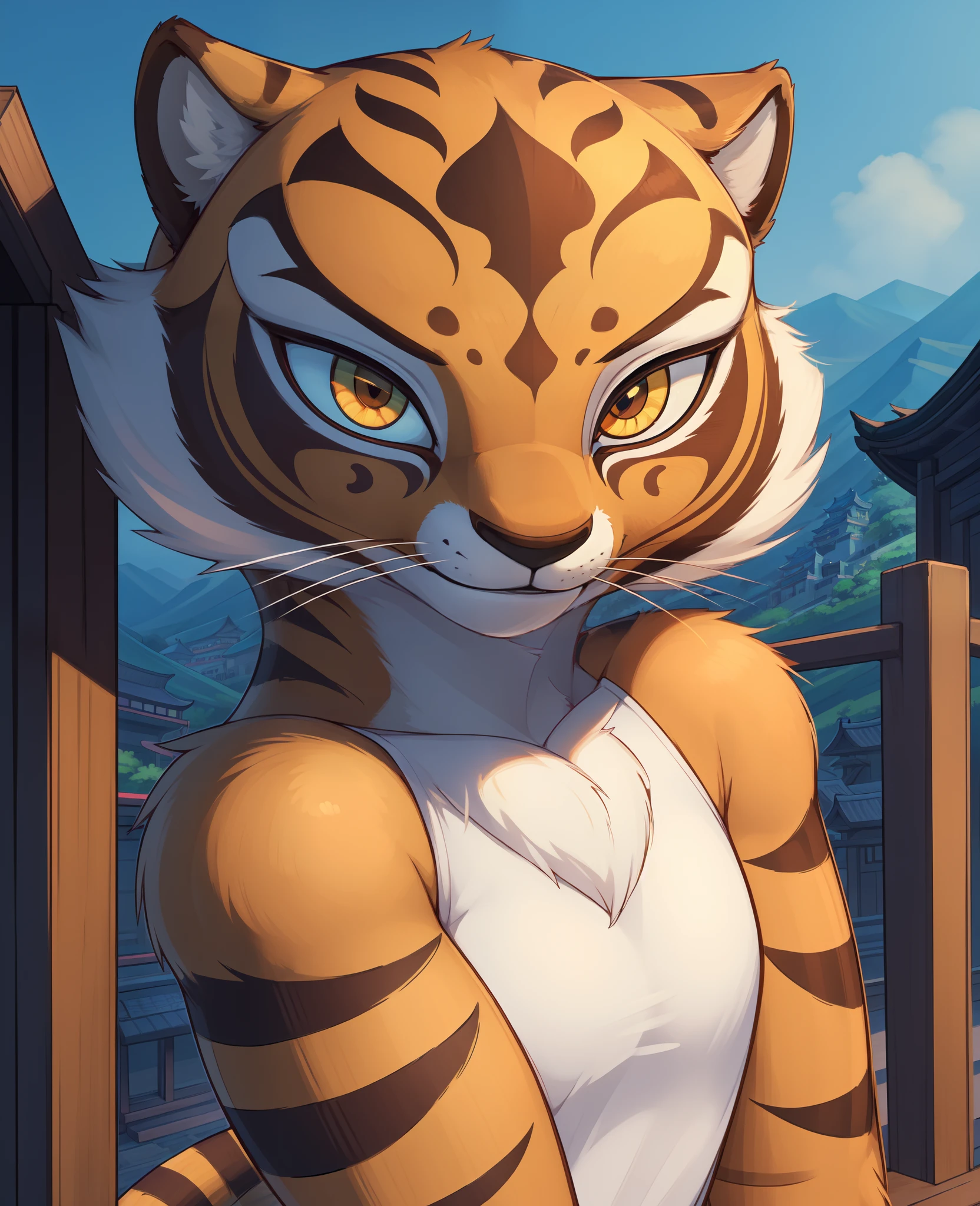 (best quality, highest quality, digital art, intricate, highres, 8k, anthropomorphic, furry, uploaded_on_e621:1.4), mastertigress, furry female anthro, tiger girl, portrait, headshot, close-up, tranquil, solo, (body fur:1.2), (best quality), (chinese town background:1.2), dramatic lighting, detailed fluffy fur, looking at viewer, detailed fluffy fur,