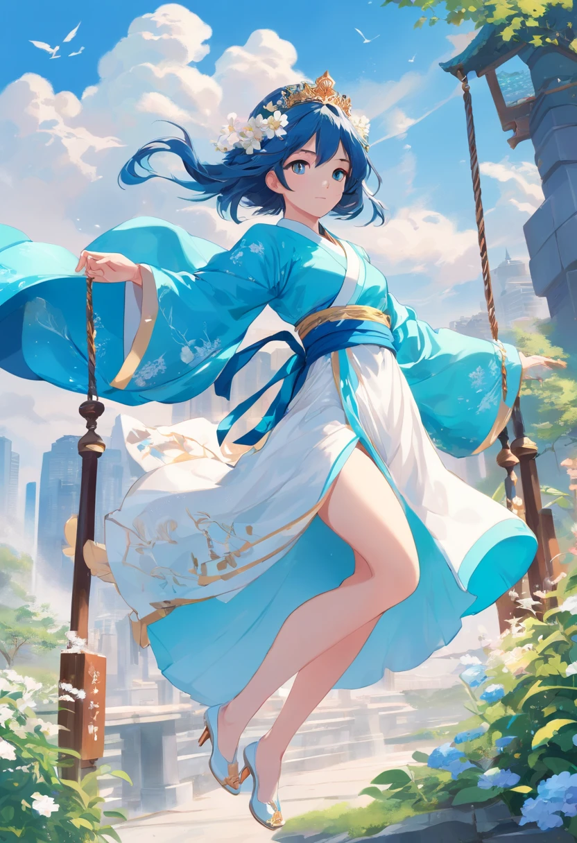(in a panoramic view,Whole body diagram:1.5),(1 delicate girl playing on the swing),(Vine swing,Anime girl with blue hair and white dress with flower crown,palaces,hanfugirl),(Guviz-style artwork,Guvitz,inspired by Leng Mei,A beautiful fantasy queen,Inspired by Lee Mei Shu,Popular on CGstation,Inspired by Ai Xuan,Blue and white Hanfu,High heels,a beautiful fantasy empress:1.5),(A flowing dress,conservative girl,cloud goddess,Flowing blue and white patterned fabric,wearing flowing dress,Realistic), (Wind: 1.5),(full bodyesbian:1.5),(senior color matching,gradient backgrounds,white backgrounid)