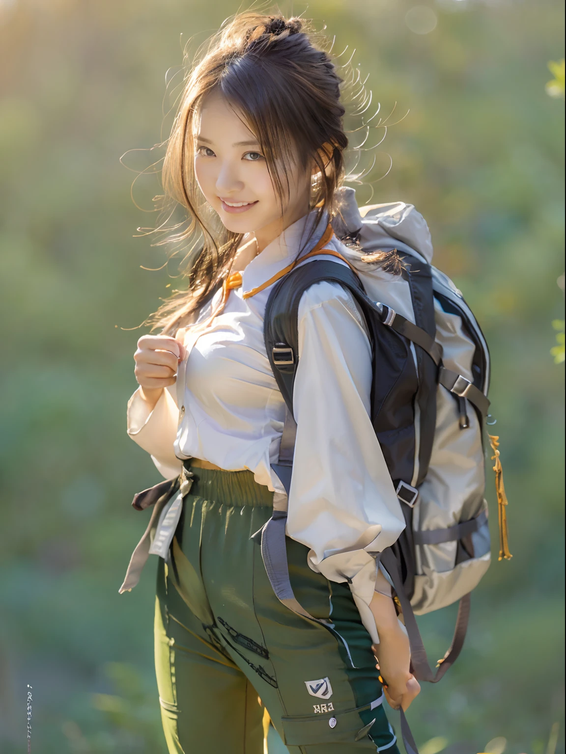 Single-person tent:1.37, (masterpiece、top-quality、8k wallpaper、hight resolution、hyperrealistic scenery, Photorealsitic:1.37)、1girl in、独奏、18year old、Dainty Japan Woman,Looking at Viewer, Standing, open arms, Lifelike face、luslous skin、The angle is a bit far, Slender body type:1.1、Black eye、(Hiking pants, Please wear a collared shirt loosely、Keep the hem of your shirt on the outside of your pants:1.37)、Carrying a backpack:1.2、Mountain girl style、I like mountain climbing, mountaineer, Beautiful sunset on background、Trekking Shoes、A detailed face、A detailed eye、Detailed nose、Detailed mouth、Happy smile、Orange Rising Sun