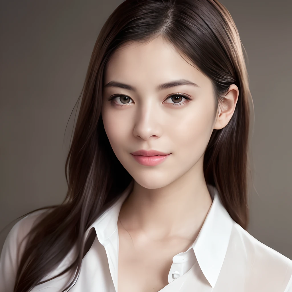 table top, highest quality, realistic, super detailed, finely, High resolution, 8k wallpaper, 1 beautiful woman,, light brown messy hair, wearing a business suit, sharp focus, perfect dynamic composition, beautiful and fine eyes, fine hair, Detailed realistic skin texture, smile, close-up portrait, model body shape