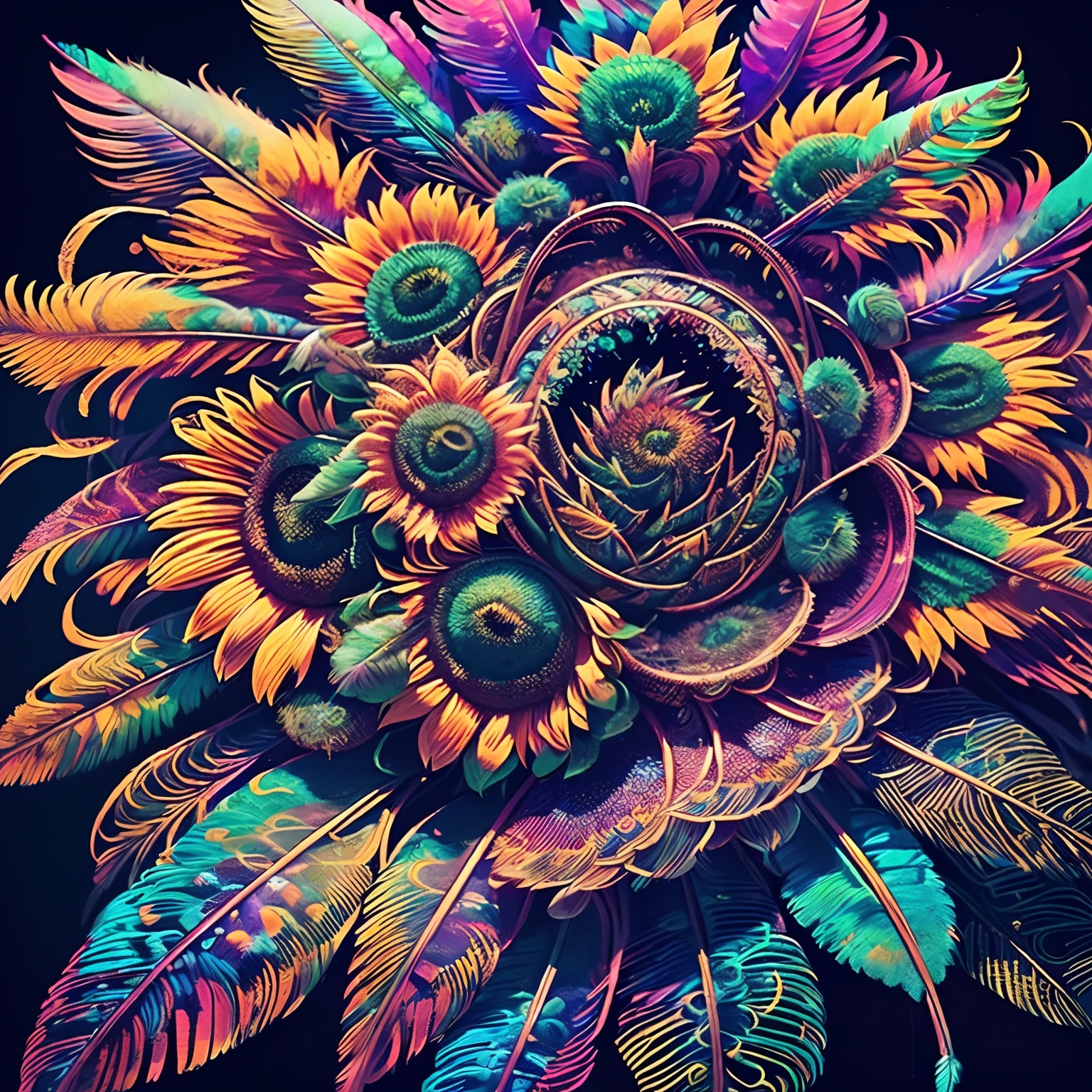 Riff Style 2 (masutepiece, of the highest quality, Best Quality, Official art, Only plant and bird feathers, Beautiful and aesthetic:1.2), (1 sunflower:1.3), Extremely detailed,(Fractal Art:1.1),(Colorful:1.1)(Flowers:1.3),highest details,(Zentangle:1.2), (Dynamic Pose), (Abstract background:1.3), (Shiny skin), (Many colors:1.4), ,(earrings), (Feathers:1.5)