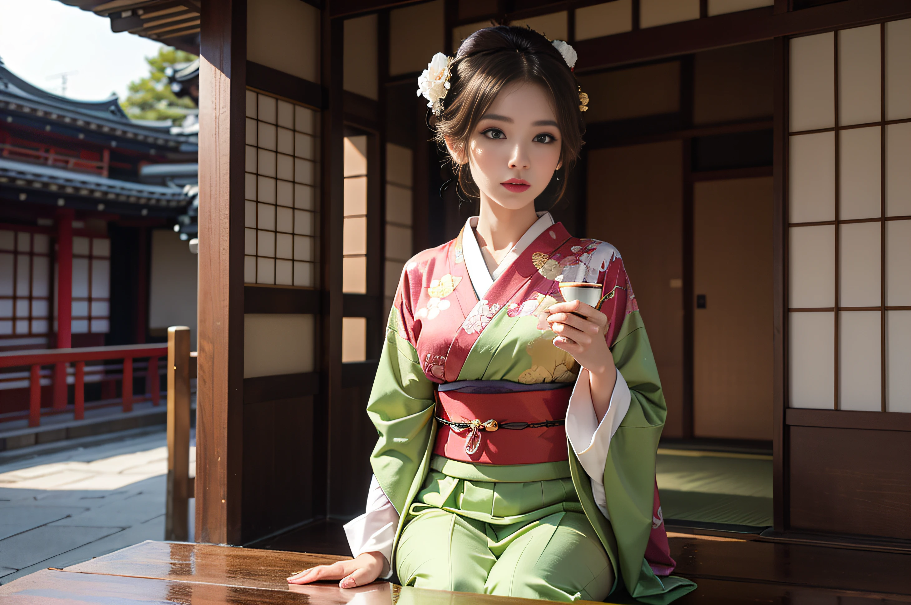 Master piece, 8 K, Very detailed face, Perfect eyes, 1 mature woman, Beautiful woman in kimono sitting inside traditional architecture in Japan, Kimono, Wearing a kimono, Pink and gold kimono, multilayered outfit, woman drinking matcha tea, geisha, Classic kimono, japanese kimono, intricate geisha kimono, Clothes of the past, brown haired woman, shy,