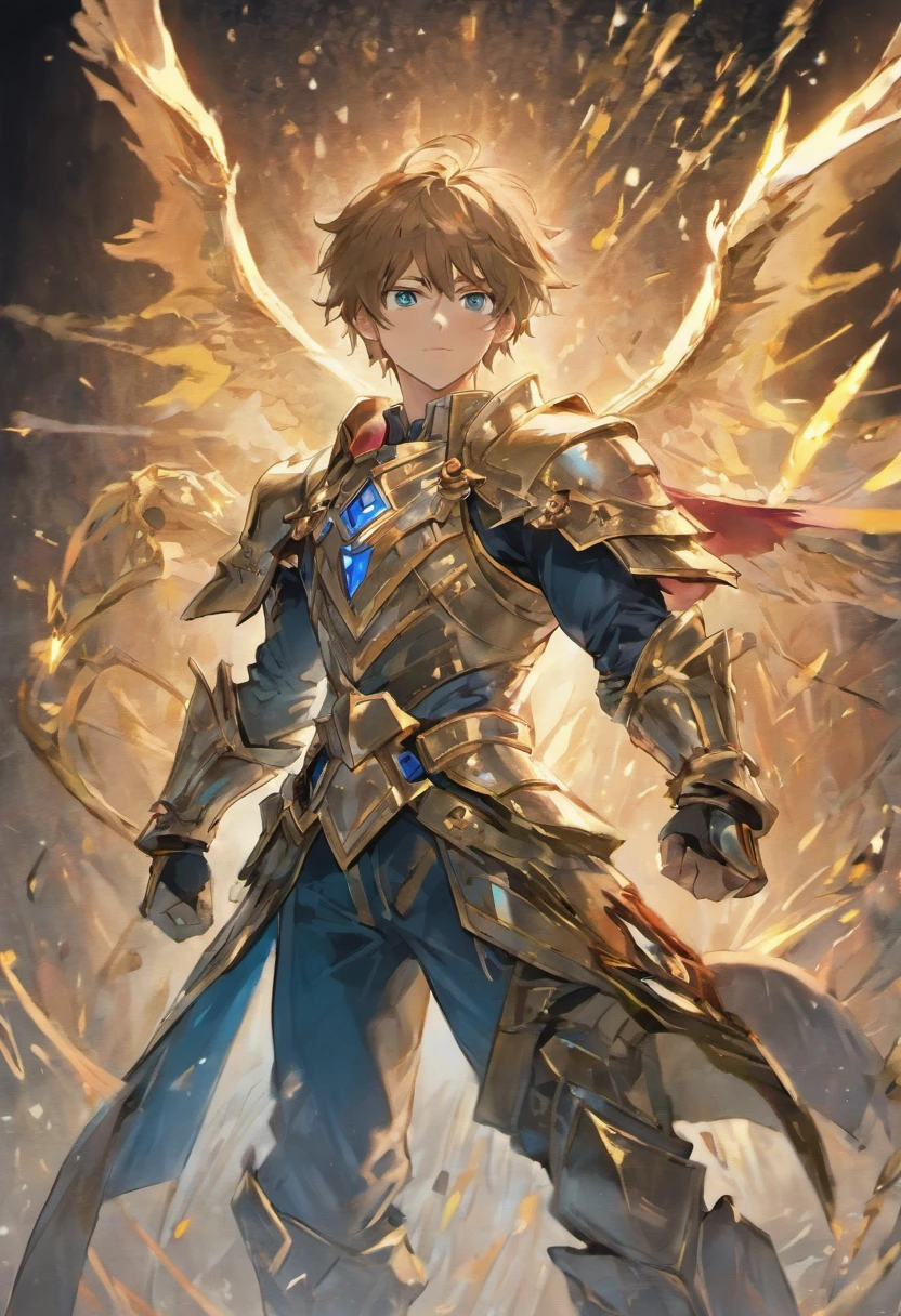 In a world of magic and dragons, a knight stands out with his modern suit of silver-plated armor. His brown hair is neatly combed, and his blue eyes shine with determination. He holds a war hammer in one hand and a shield in the other, ready to face any challenge. His cape, adorned with golden trim, adds a touch of elegance to his otherwise battle-ready appearance.