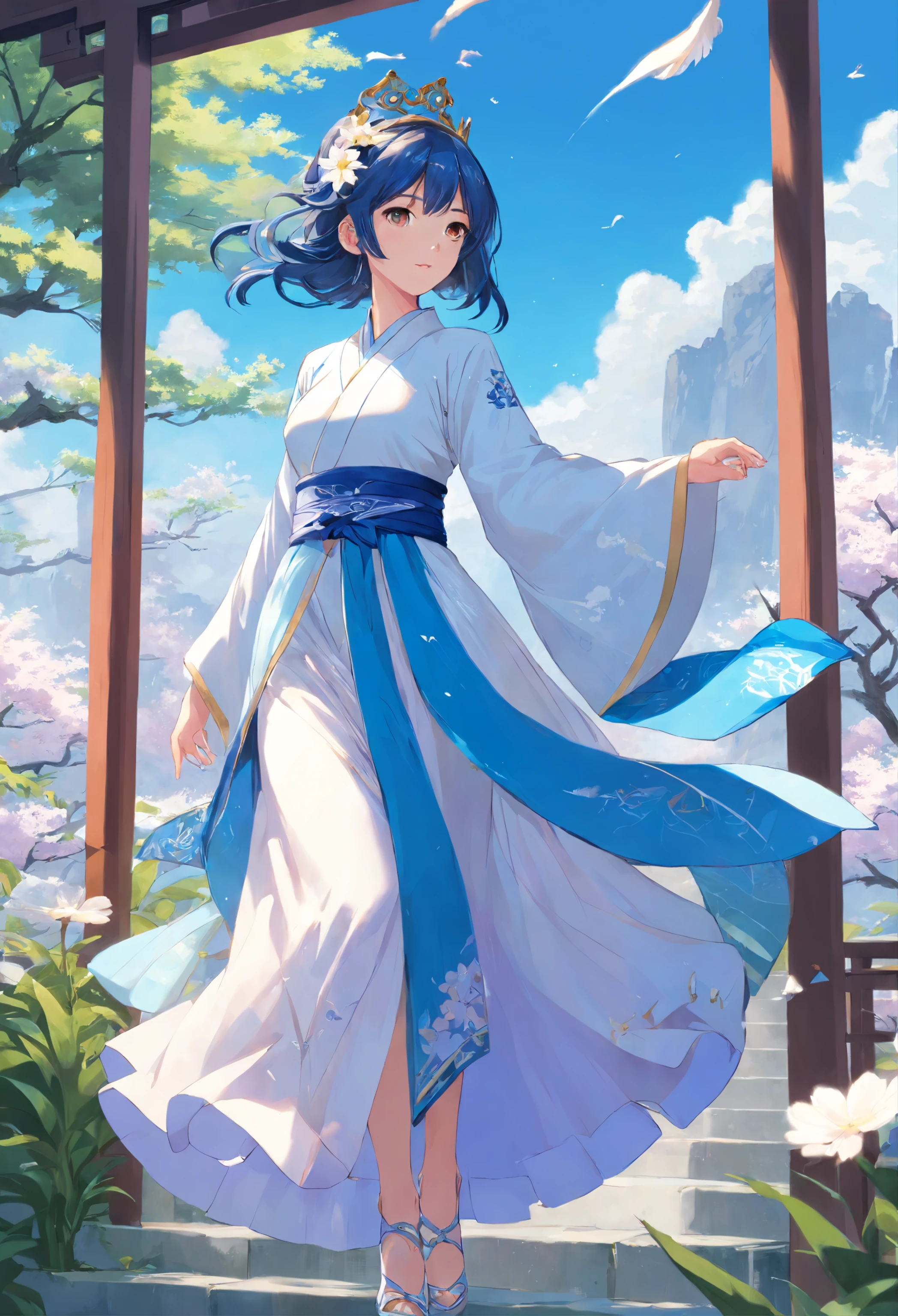 (in a panoramic view,Whole body diagram:1.5),(1 delicate girl playing on the swing),(Vine swing,Anime girl with blue hair and white dress with flower crown,palaces,hanfugirl),(Guviz-style artwork,Guvitz,inspired by Leng Mei,A beautiful fantasy queen,Inspired by Lee Mei Shu,Popular on CGstation,Inspired by Ai Xuan,Blue and white Hanfu,High heels,a beautiful fantasy empress:1.5),(A flowing dress,conservative girl,cloud goddess,Flowing blue and white patterned fabric,wearing flowing dress,Realistic), (Wind: 1.5),(full bodyesbian:1.5),(senior color matching,gradient backgrounds,white backgrounid)