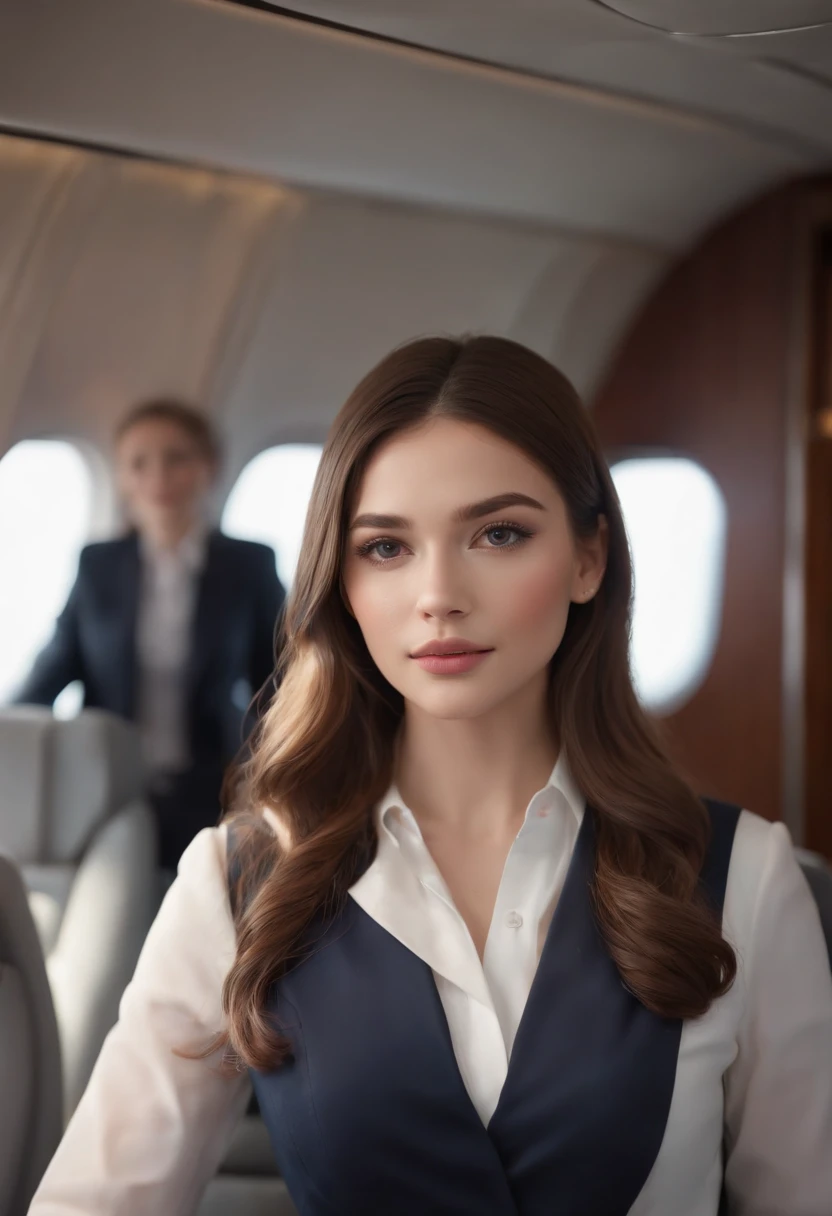 best quality, masterpiece, 8k, ultra high res, (photorealistic:1.4), highly detailed, intricate detail, delicate and beautiful, good lighting, professional lighting, sharp focus, detailed shadows, exquisite details and textures, depth of field, unity 8k wallpaper, cinematic composition, cinematic lighting, official art, Cabin Crew, flight attendant, black pantyhose, (aircraft, (Aircraft Corridor), Aircraft seats) beautiful elegant face, detailed face, detailed eyes, realistic hair, long hair, (1girl), (standing:1.3),