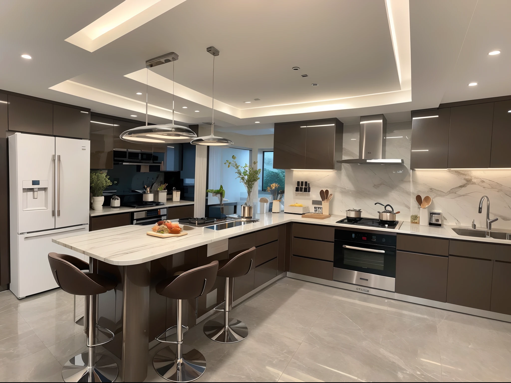 ,masterpiece, best quality,8k, ultra highres,Step into this premium kitchen,It's like traveling to a starship。Flashing LED lights illuminate the entire space,The stainless steel island suspended in mid-air exudes a futuristic feel。Smart kitchenware is waiting for you like a genie,The coffee maker gently pours out fragrant coffee,The fridge was stocked with fresh seafood and exquisite cakes。You can cook to your heart's content,Enjoy cooking in this interstellar kitchen like no other。