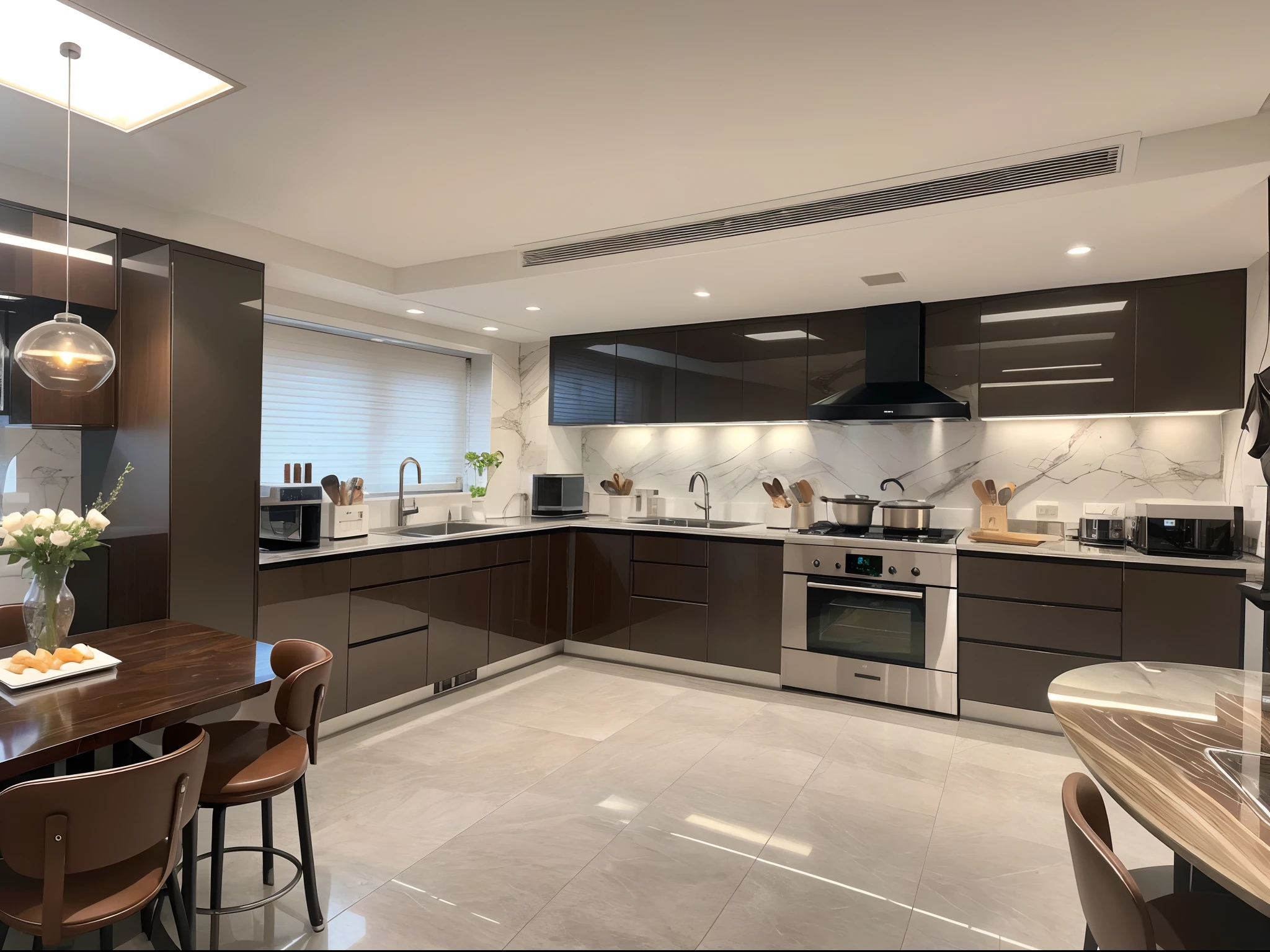 ，masterpiece, best quality，8k, ultra highres，Step into this premium kitchen，It's like traveling to a starship。Flashing LED lights illuminate the entire space，The stainless steel island suspended in mid-air exudes a futuristic feel。Smart kitchenware is waiting for you like a genie，The coffee maker gently pours out fragrant coffee，The fridge was stocked with fresh seafood and exquisite cakes。You can cook to your heart's content，Enjoy cooking in this interstellar kitchen like no other。