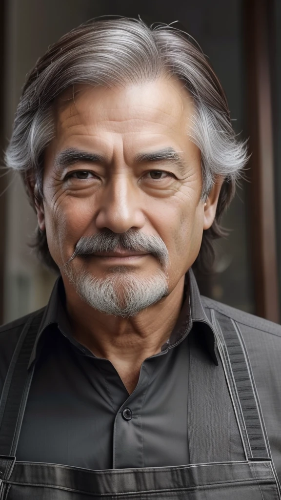 (the Extremely Detailed CG Unity 8K Wallpapers,masutepiece, Best Quality, Ultra-detailed), Gray background, 73-year-old male living in Japan, Stubborn 73-year-old man, As for the hairstyle、With medium-length hair,、The flow behind is gentle。Hair does not fade、Be healthy and at the same time、Also gives an intellectual impression。Hair color is、in deep brown、Has a natural luster, There is a sense of cleanliness。His appearance is、Combines calm and intelligence、apron, mustaches