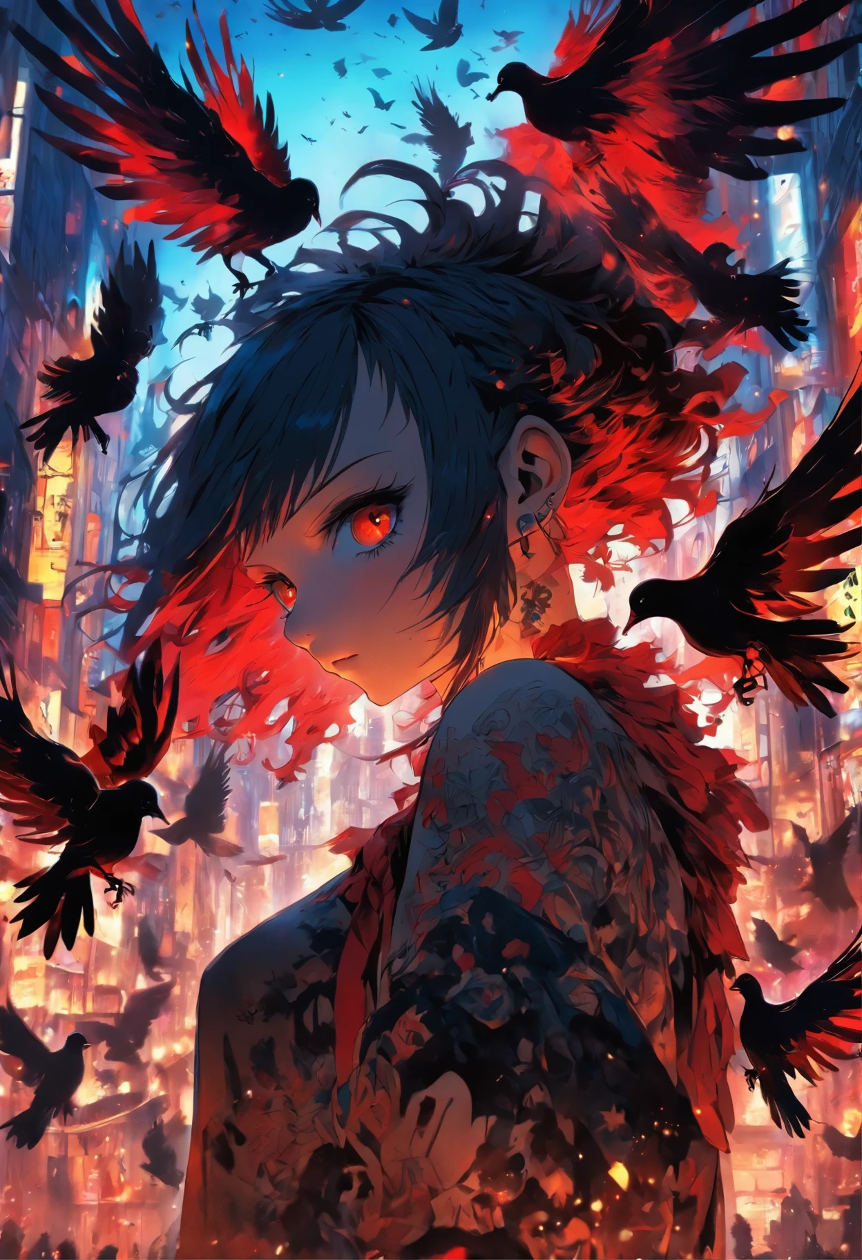 A girl with wings and red tattoos, Dark black and light black style, Anime art, 32k ULTRAHD, Gothic grotesque characters, multilayered dimensions, Hester core, Pigeons can