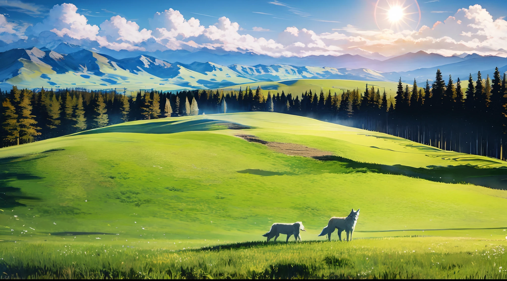 detailed background, masterpiece, best quality, landscape, mountains, grassland, forest, sun, daytime, clouds, flock, wolves