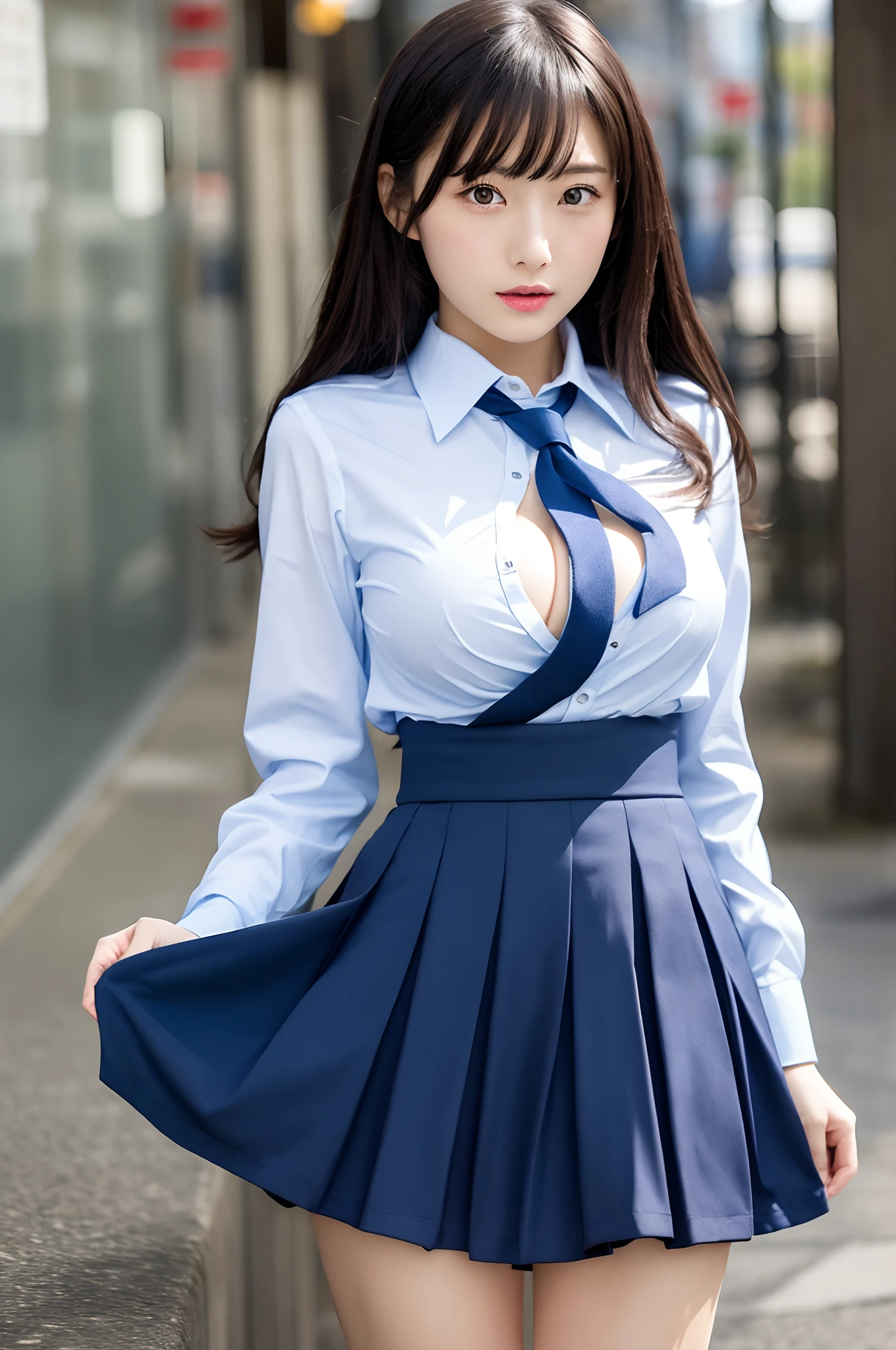 japanaese girl、 girls、perfect body type、Transparency、discreet breasts、School Uniforms、Navy blue tie、Navy blue skirt、Light blue shirt、hposing Gravure Idol、waterside、No panties under the skirt