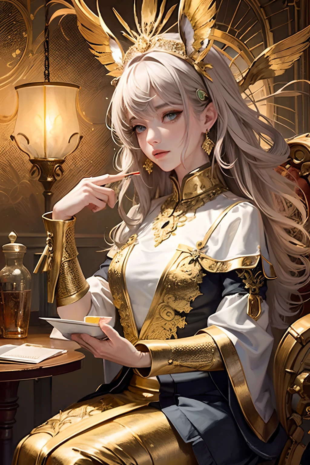 (​masterpiece、top-quality、top-quality、Official art、Beautifully Aesthetic:1.2)、(1girl in)、Extreme details、colourfull、highestdetailed、Official art、Unity 8k壁纸、ultra-detailliert、Beautifully Aesthetic、Beautiful fece、​masterpiece、top-quality、(Zentangle、a Mandala、Tangles、Entanglement)、Holy Light、gold foil、Gold leaf art、glitter drawing、PerfectNwsjMajmagic、a pixie cut、cleric