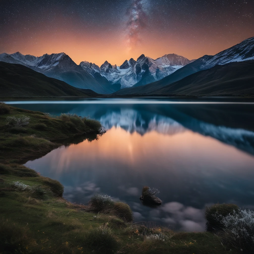 Master Parts、Superior Quality、superior image quality、The 8k quality、Beautiful pictures of the starry sky、magnifica、Arched Milky Way:1.9、snow mountains