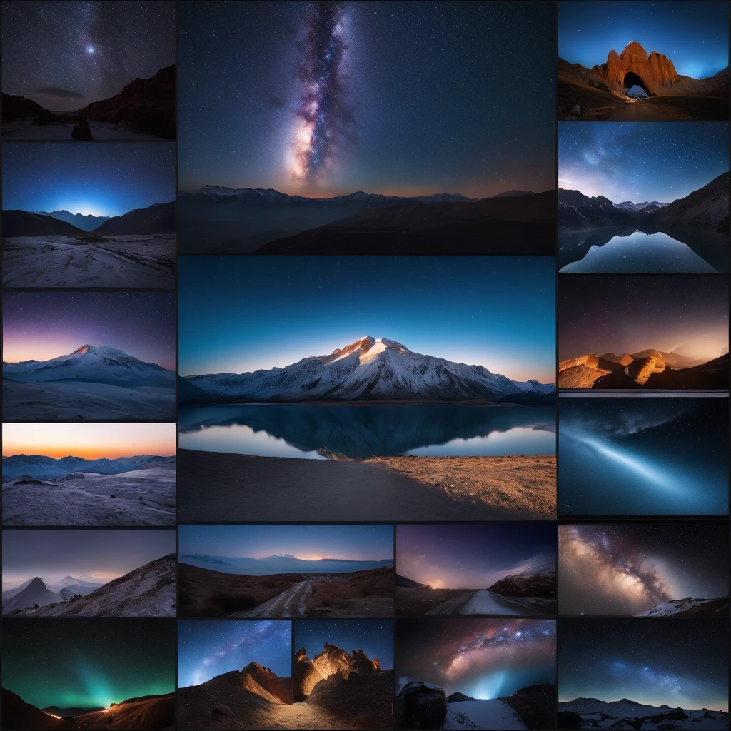 Master Parts、Superior Quality、superior image quality、The 8k quality、Beautiful pictures of the starry sky、magnifica、Arched Milky Way:1.9、snow mountains